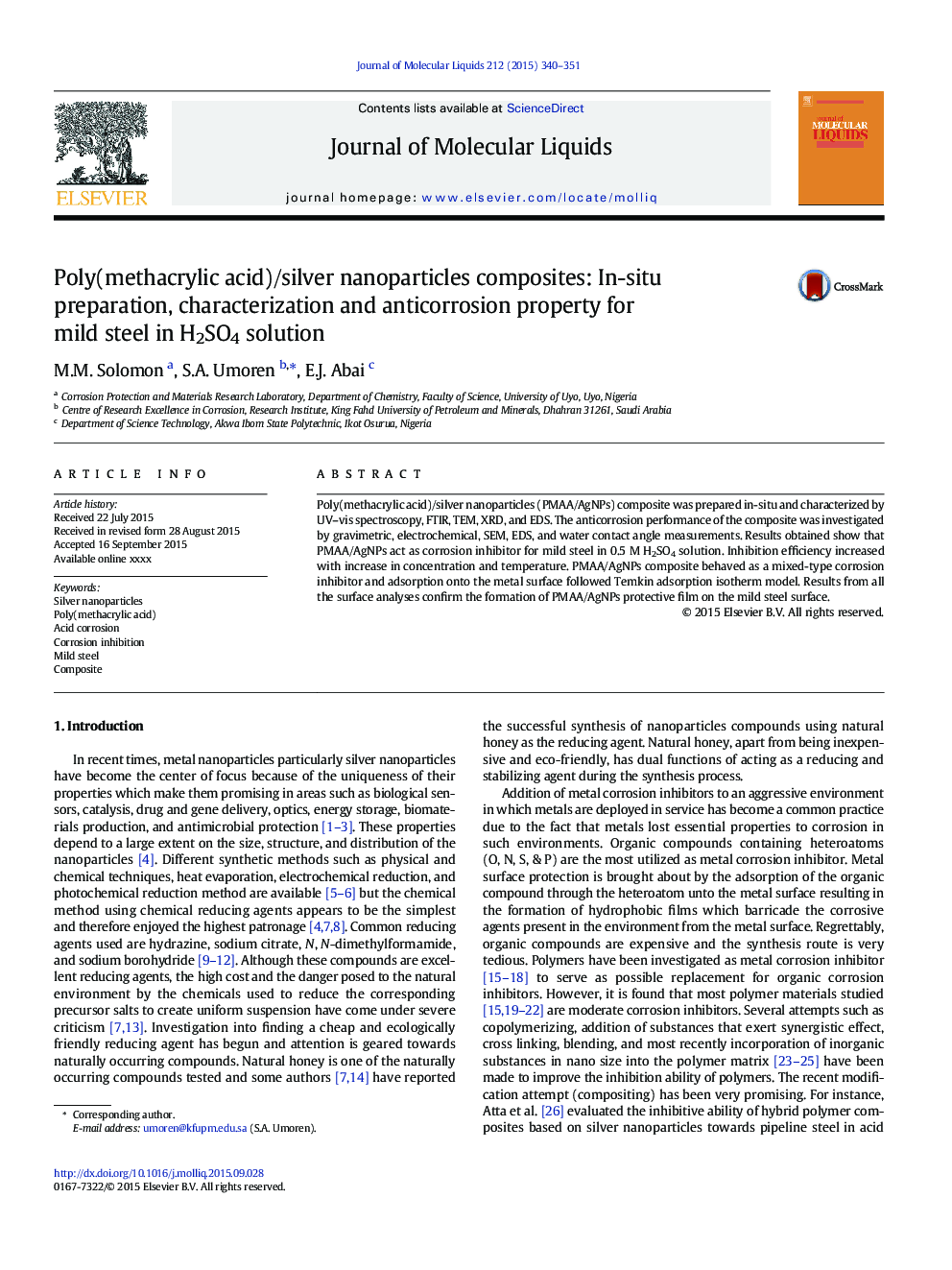 Poly(methacrylic acid)/silver nanoparticles composites: In-situ preparation, characterization and anticorrosion property for mild steel in H2SO4 solution