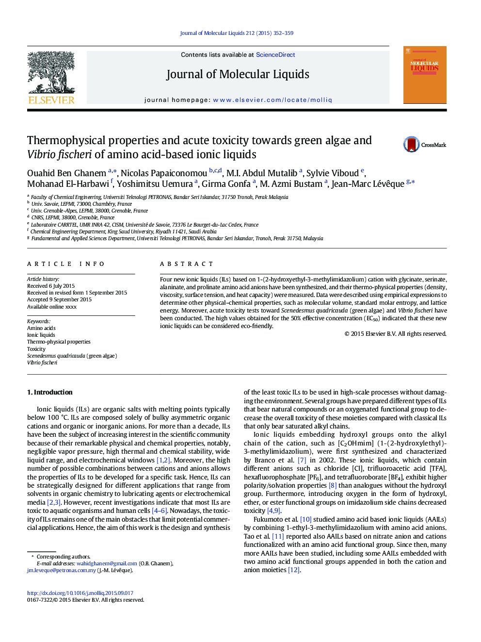 Thermophysical properties and acute toxicity towards green algae and Vibrio fischeri of amino acid-based ionic liquids