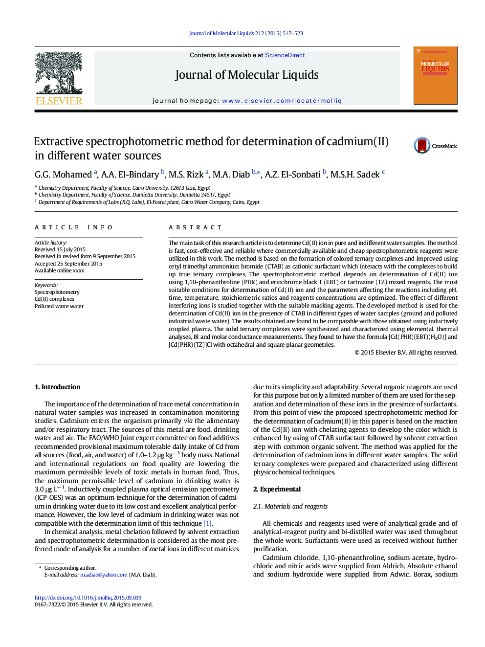 Extractive spectrophotometric method for determination of cadmium(II) in different water sources