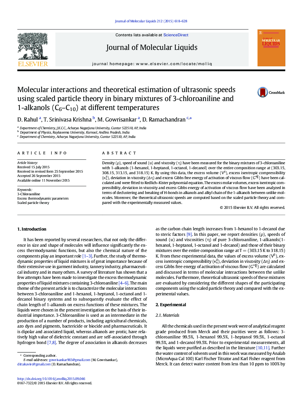 Molecular interactions and theoretical estimation of ultrasonic speeds using scaled particle theory in binary mixtures of 3-chloroaniline and 1-alkanols (C6-C10) at different temperatures