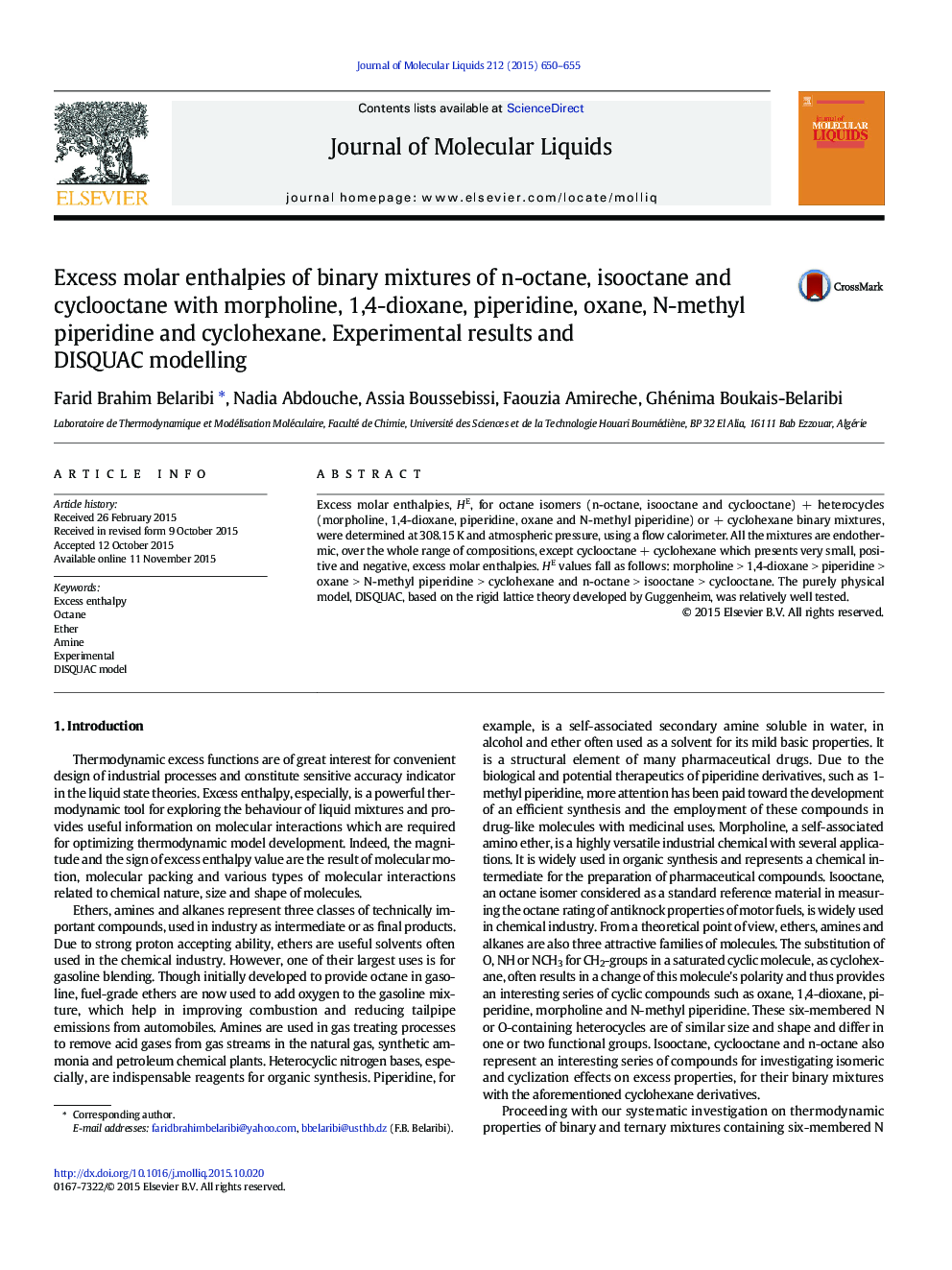 Excess molar enthalpies of binary mixtures of n-octane, isooctane and cyclooctane with morpholine, 1,4-dioxane, piperidine, oxane, N-methyl piperidine and cyclohexane. Experimental results and DISQUAC modelling