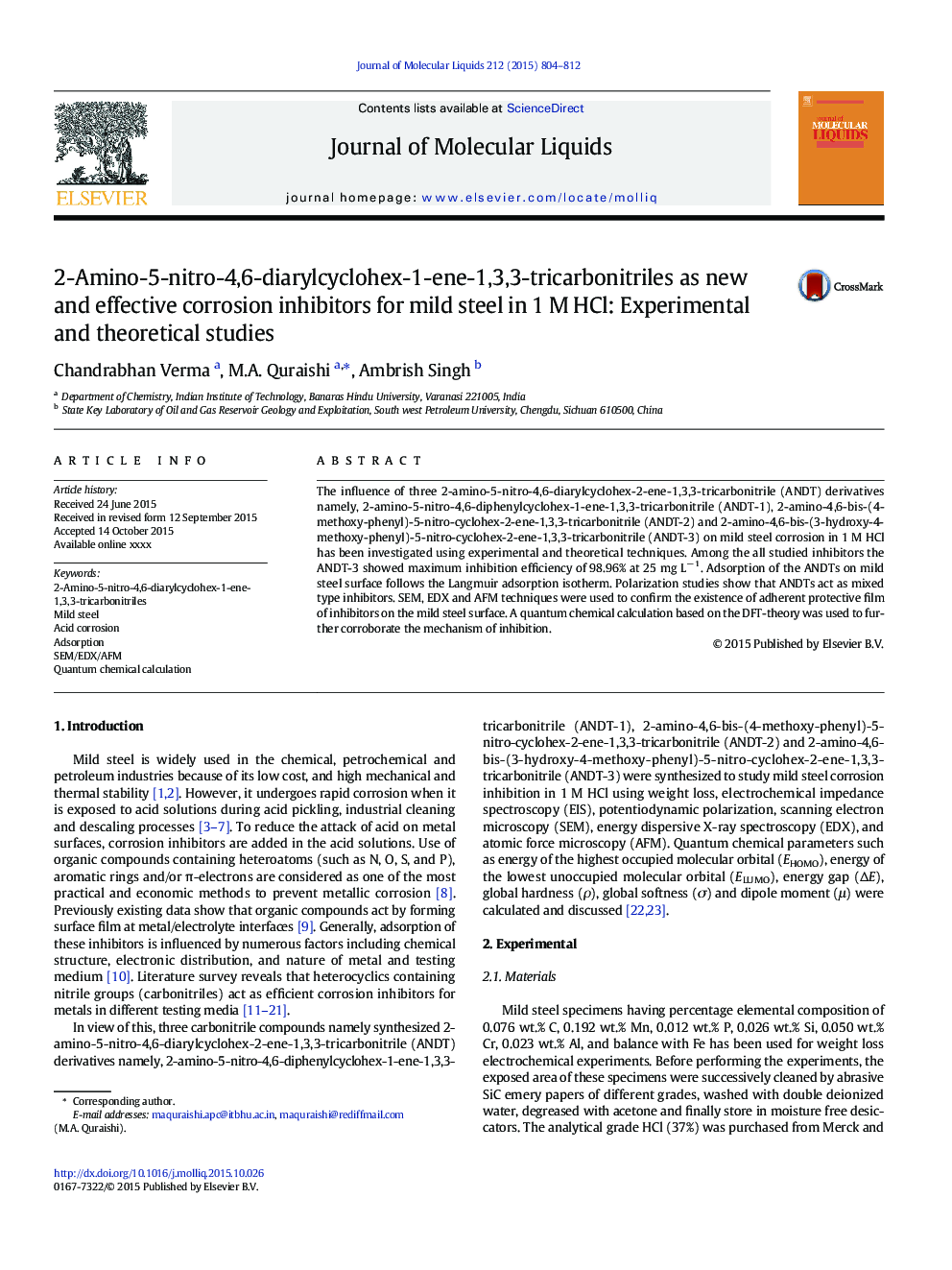 2-Amino-5-nitro-4,6-diarylcyclohex-1-ene-1,3,3-tricarbonitriles as new and effective corrosion inhibitors for mild steel in 1Â M HCl: Experimental and theoretical studies