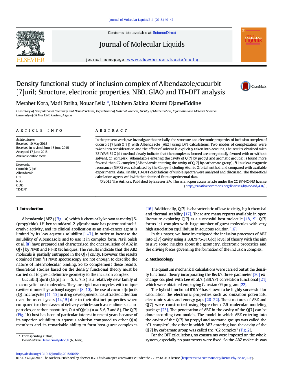 Density functional study of inclusion complex of Albendazole/cucurbit [7]uril: Structure, electronic properties, NBO, GIAO and TD-DFT analysis