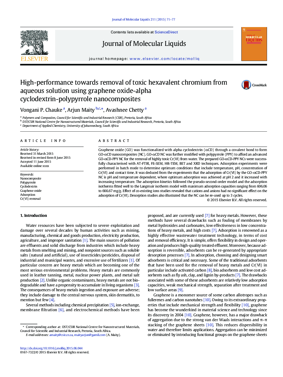 High-performance towards removal of toxic hexavalent chromium from aqueous solution using graphene oxide-alpha cyclodextrin-polypyrrole nanocomposites