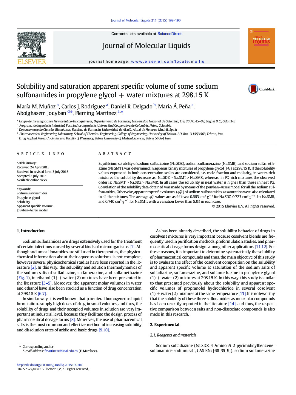 Solubility and saturation apparent specific volume of some sodium sulfonamides in propylene glycolÂ +Â water mixtures at 298.15Â K