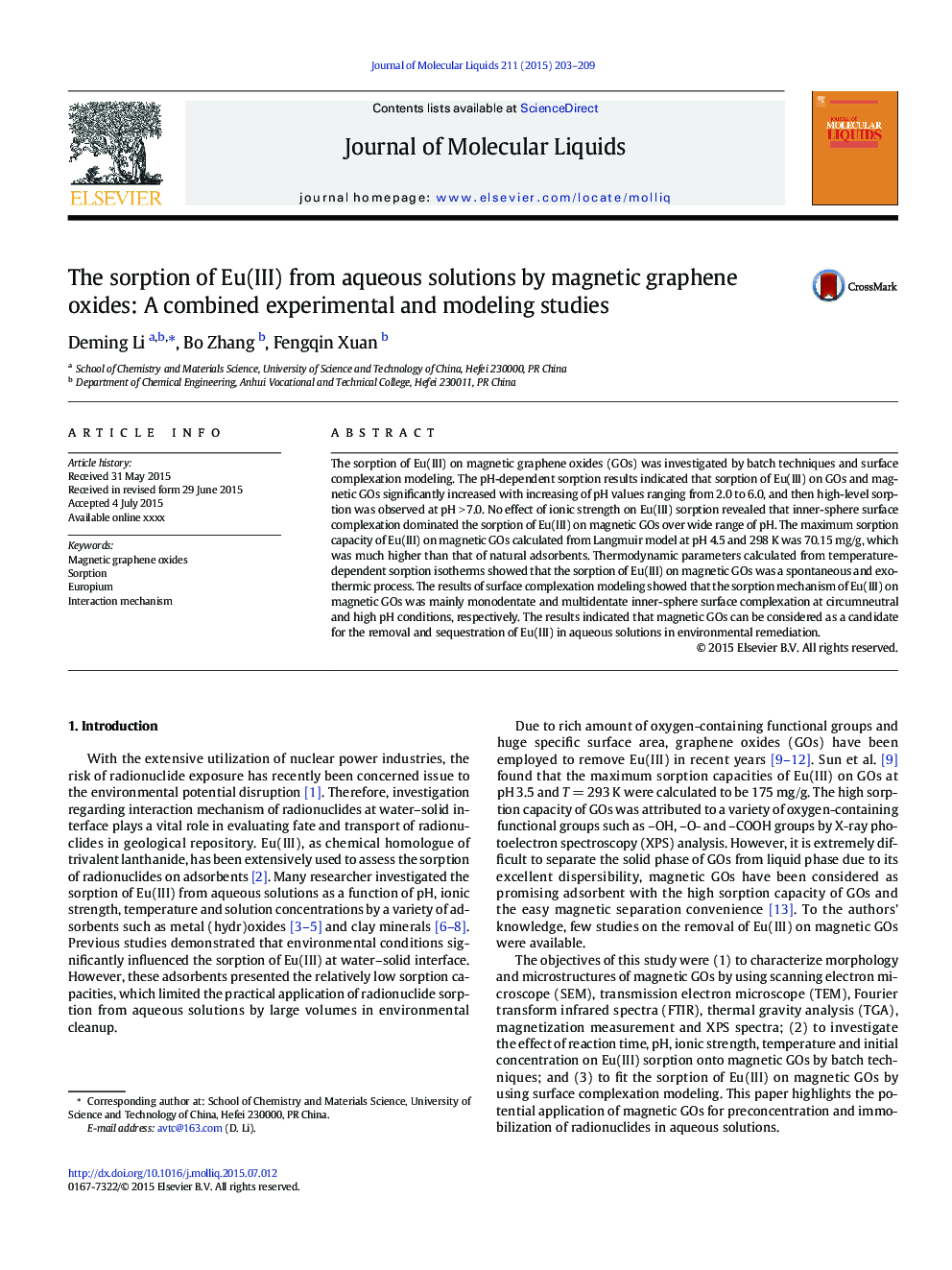 The sorption of Eu(III) from aqueous solutions by magnetic graphene oxides: A combined experimental and modeling studies