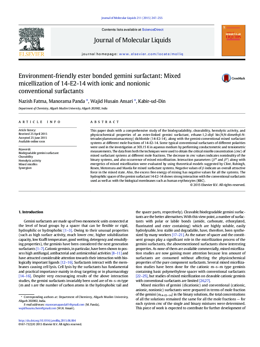 Environment-friendly ester bonded gemini surfactant: Mixed micellization of 14-E2-14 with ionic and nonionic conventional surfactants