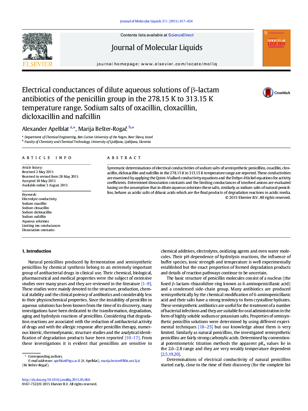 Electrical conductances of dilute aqueous solutions of Î²-lactam antibiotics of the penicillin group in the 278.15Â K to 313.15Â K temperature range. Sodium salts of oxacillin, cloxacillin, dicloxacillin and nafcillin