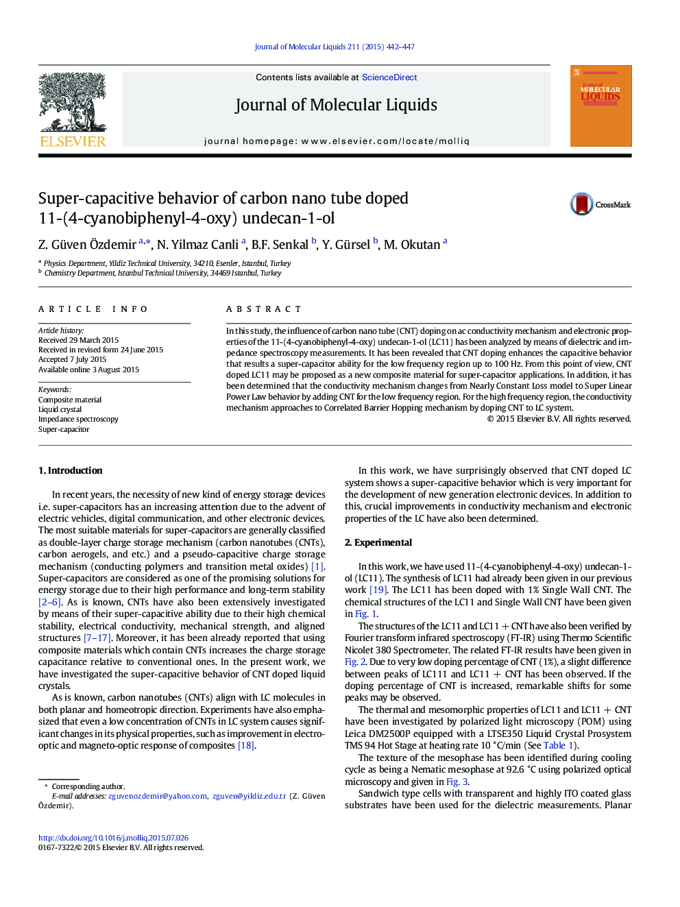 Super-capacitive behavior of carbon nano tube doped 11-(4-cyanobiphenyl-4-oxy) undecan-1-ol