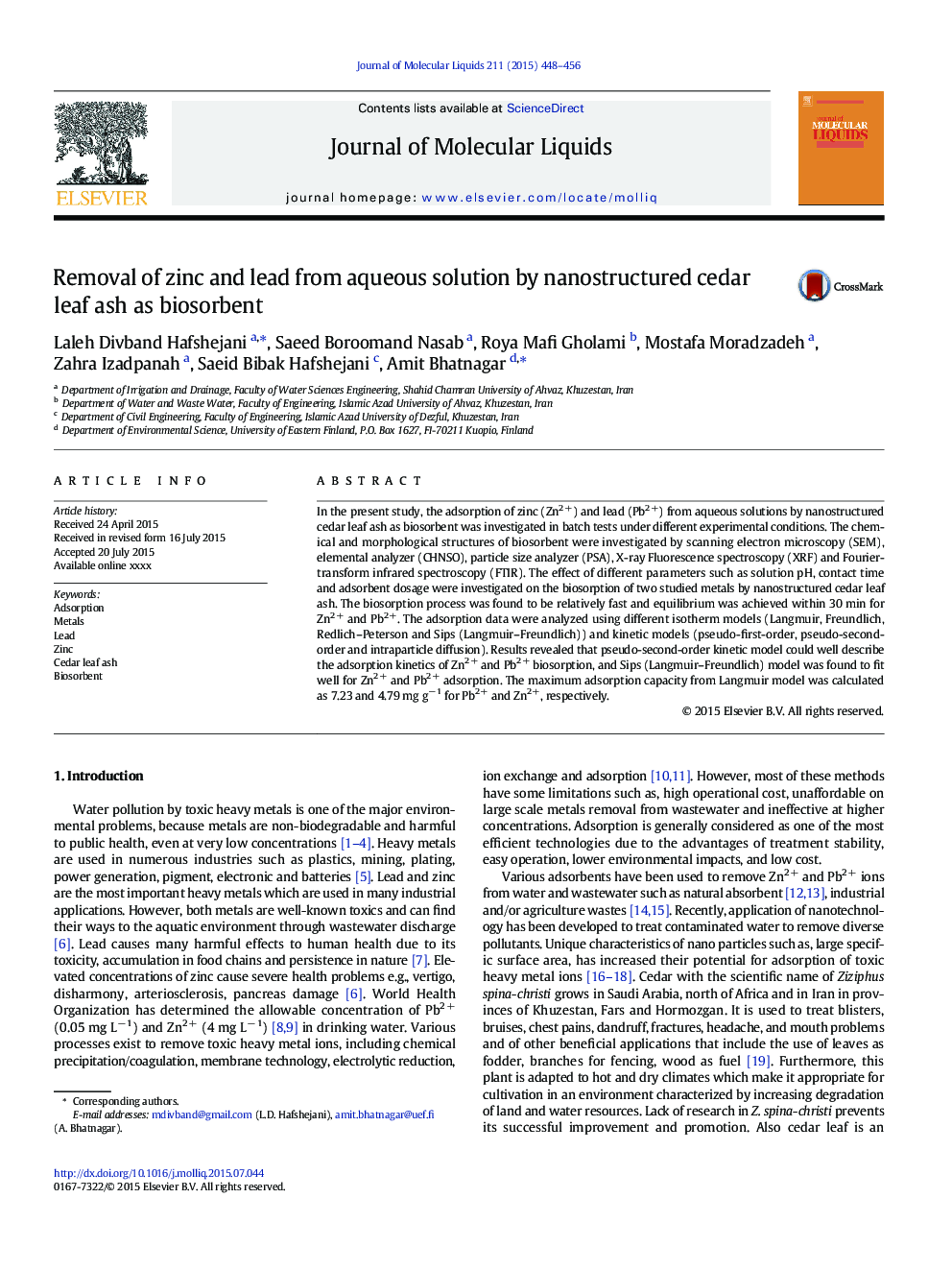 Removal of zinc and lead from aqueous solution by nanostructured cedar leaf ash as biosorbent