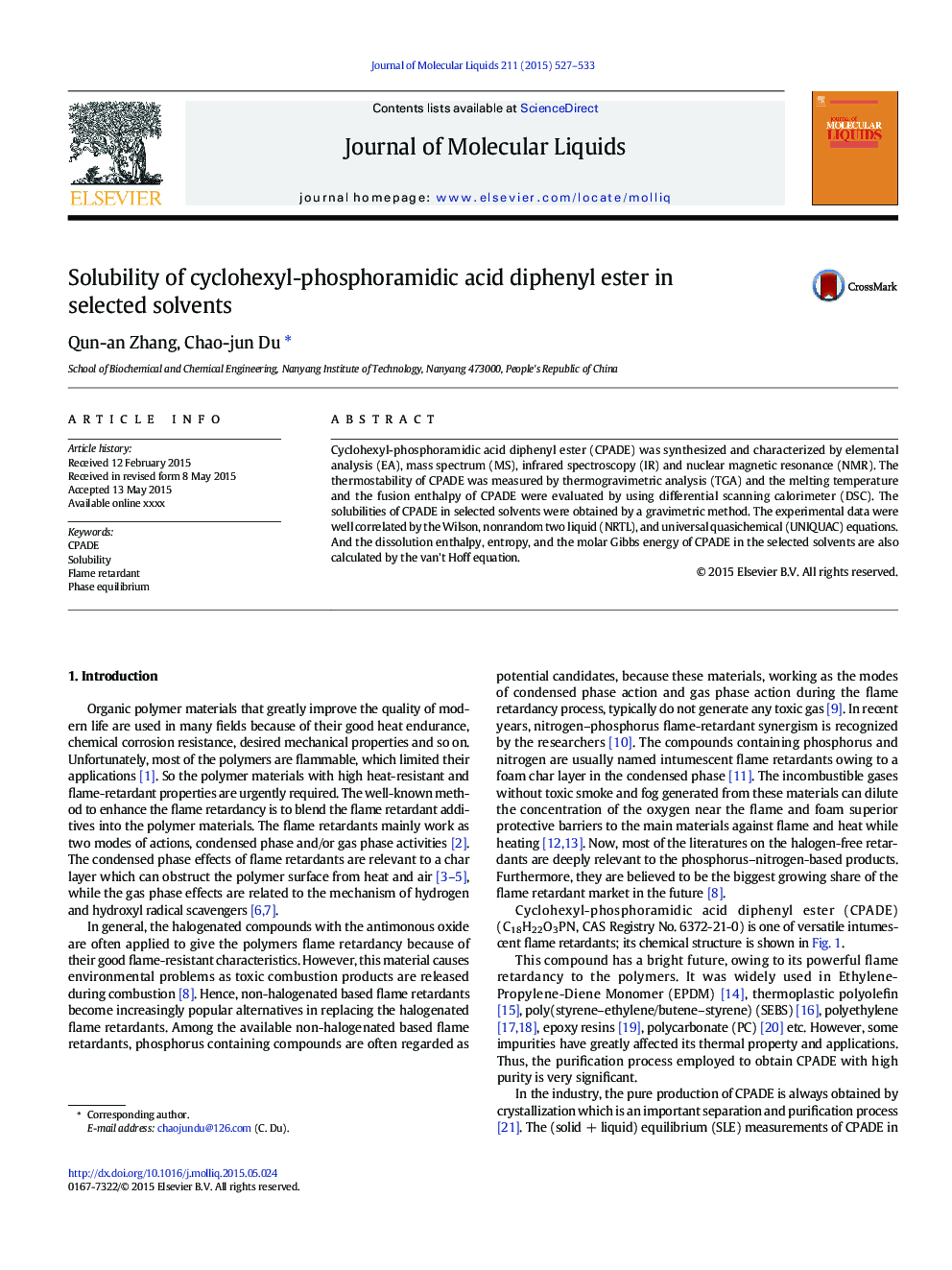 محلول سازی دیفنیل استر اسید سیکلوکس فسفورامیدیک در حلال های انتخاب شده 