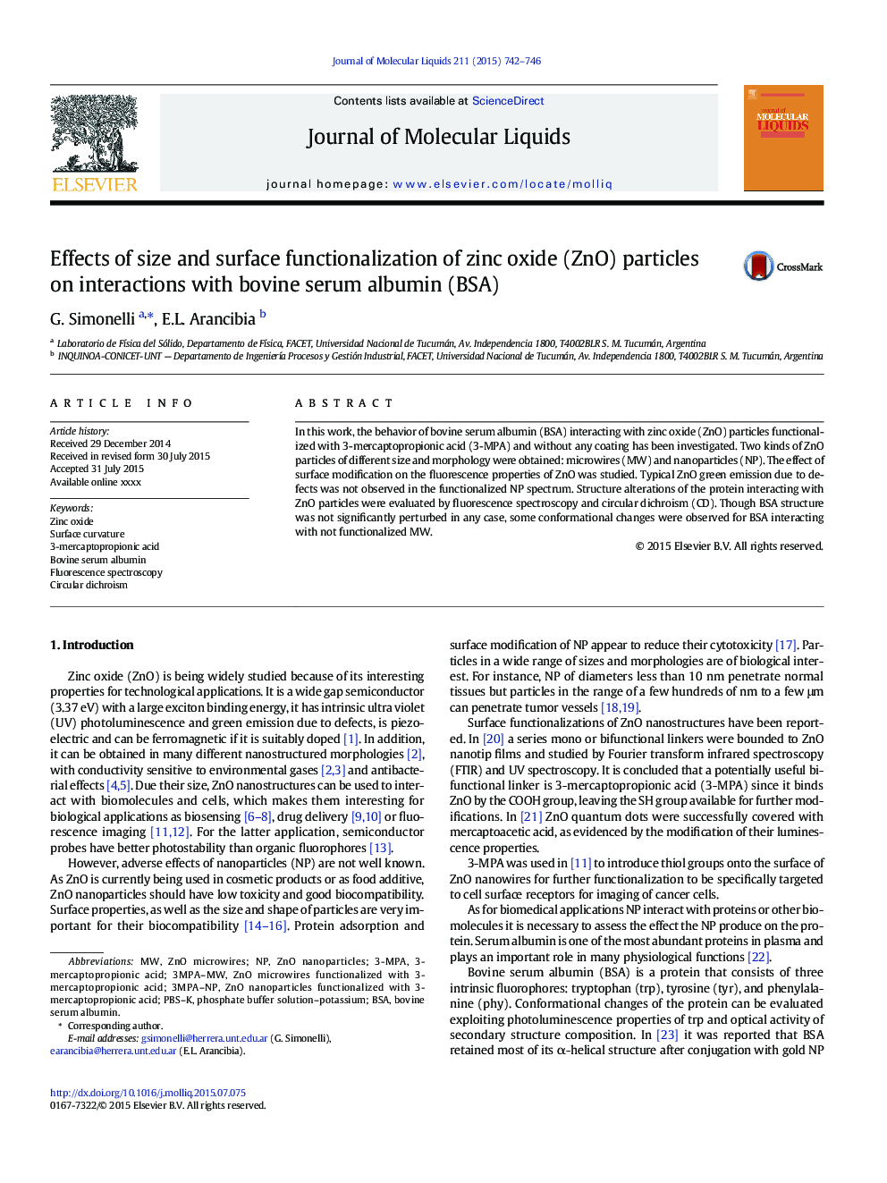 Effects of size and surface functionalization of zinc oxide (ZnO) particles on interactions with bovine serum albumin (BSA)