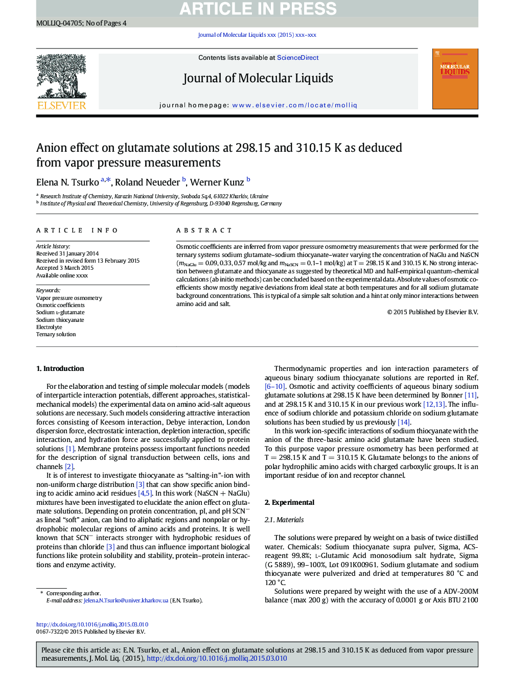 Anion effect on glutamate solutions at 298.15 and 310.15Â K as deduced from vapor pressure measurements