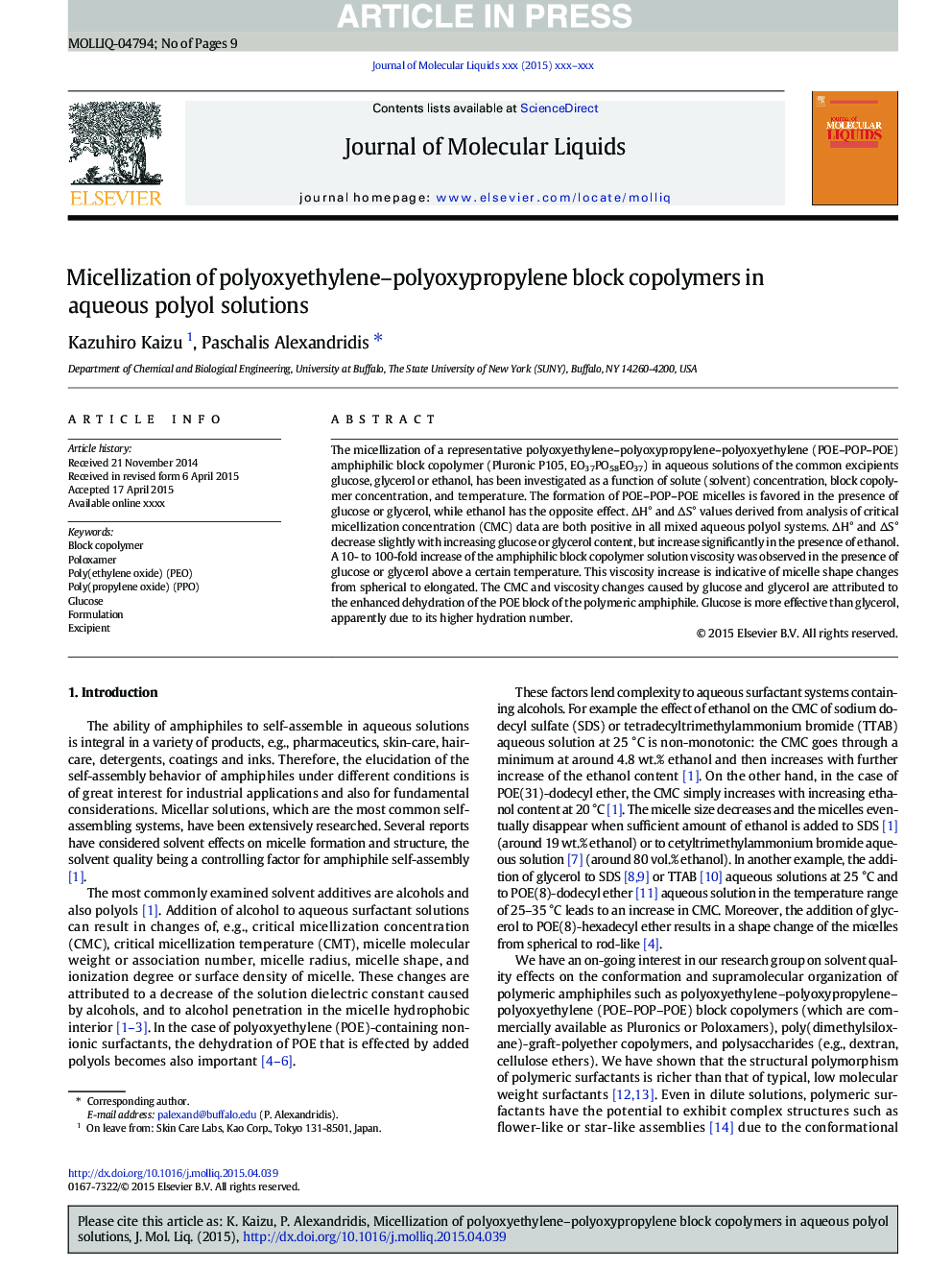 Micellization of polyoxyethylene-polyoxypropylene block copolymers in aqueous polyol solutions