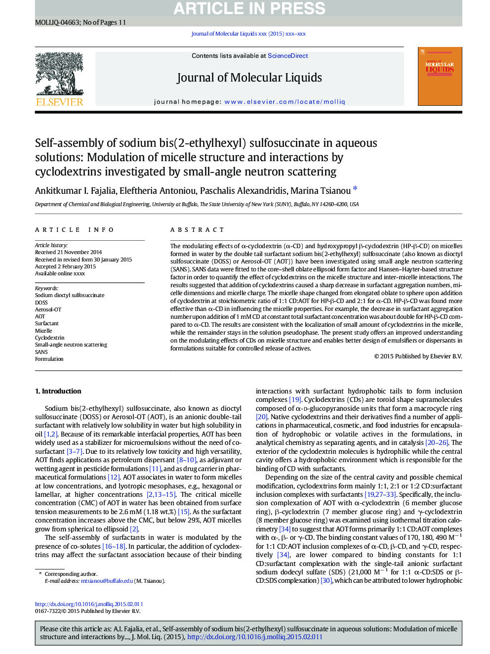 خودآموزی سولفاسوکتینات سدیم بیس (2-اتیل هگزیل) سولفوسوکتینات در محلول های آبی: مدولاسیون ساختار میسل و تعامل با سیکلوکودکسترین ها با استفاده از پراکندگی نوترون زاویه کوچک 
