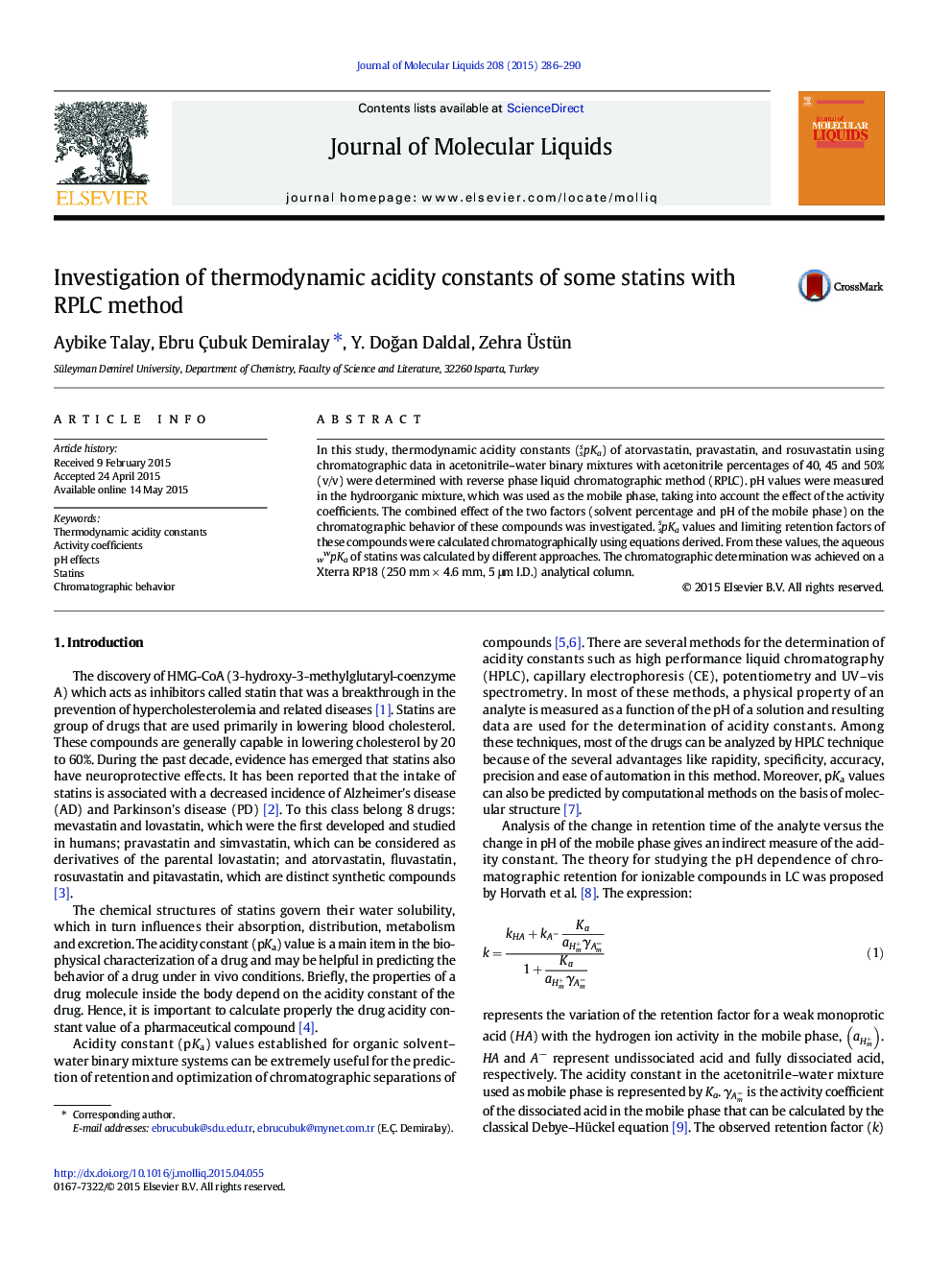 Investigation of thermodynamic acidity constants of some statins with RPLC method