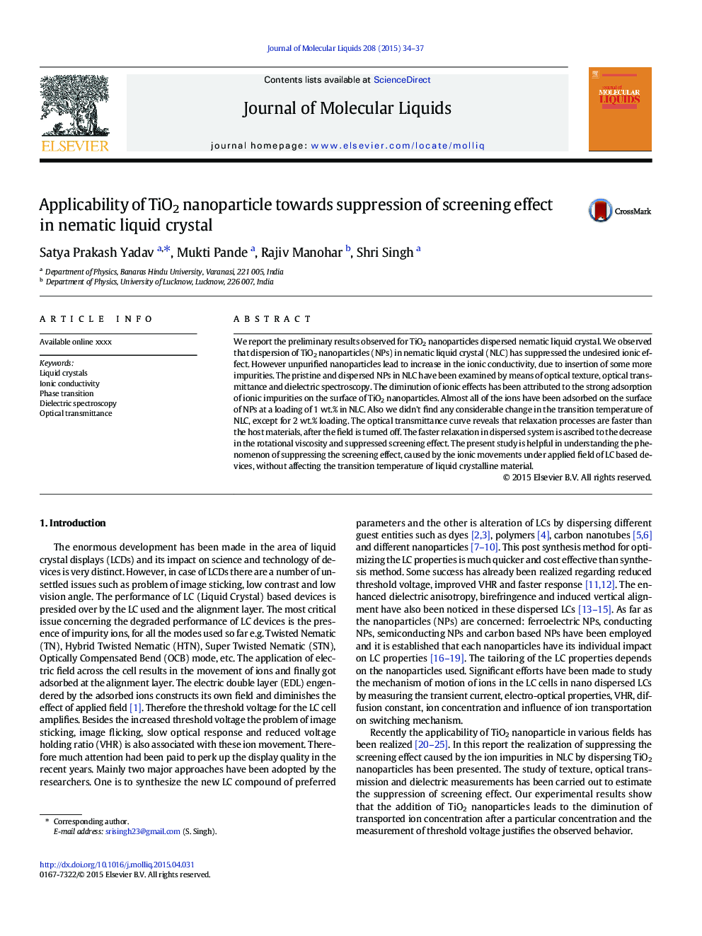 Applicability of TiO2 nanoparticle towards suppression of screening effect in nematic liquid crystal