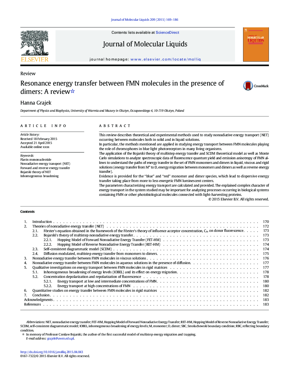 Resonance energy transfer between FMN molecules in the presence of dimers: A review