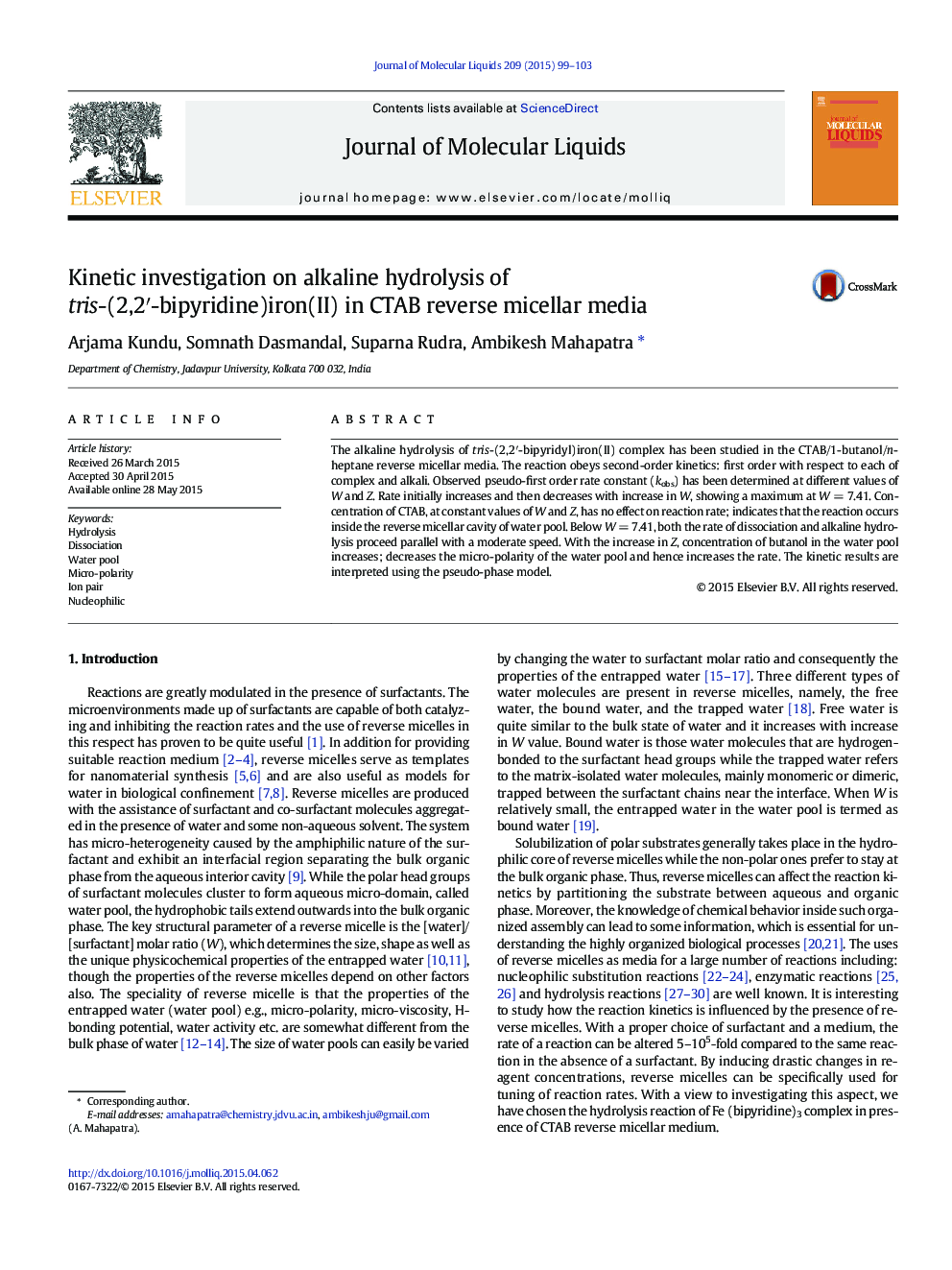 Kinetic investigation on alkaline hydrolysis of tris-(2,2Ê¹-bipyridine)iron(II) in CTAB reverse micellar media