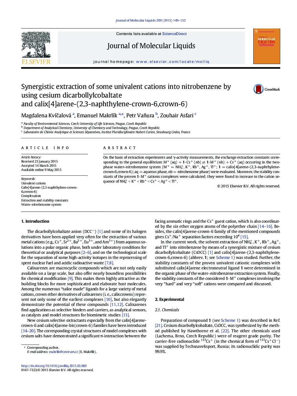 Synergistic extraction of some univalent cations into nitrobenzene by using cesium dicarbollylcobaltate and calix[4]arene-(2,3-naphthylene-crown-6,crown-6)