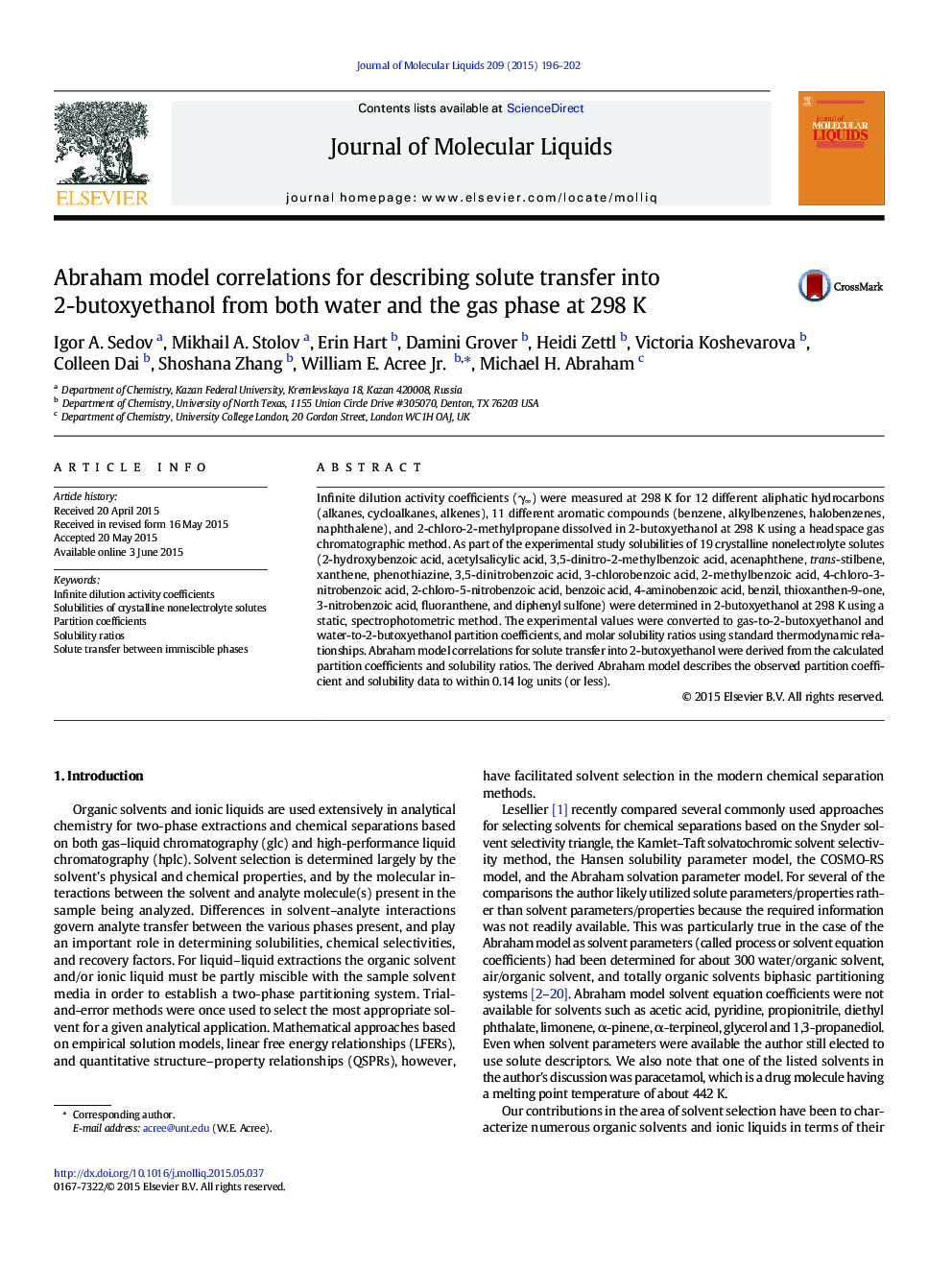 Abraham model correlations for describing solute transfer into 2-butoxyethanol from both water and the gas phase at 298Â K