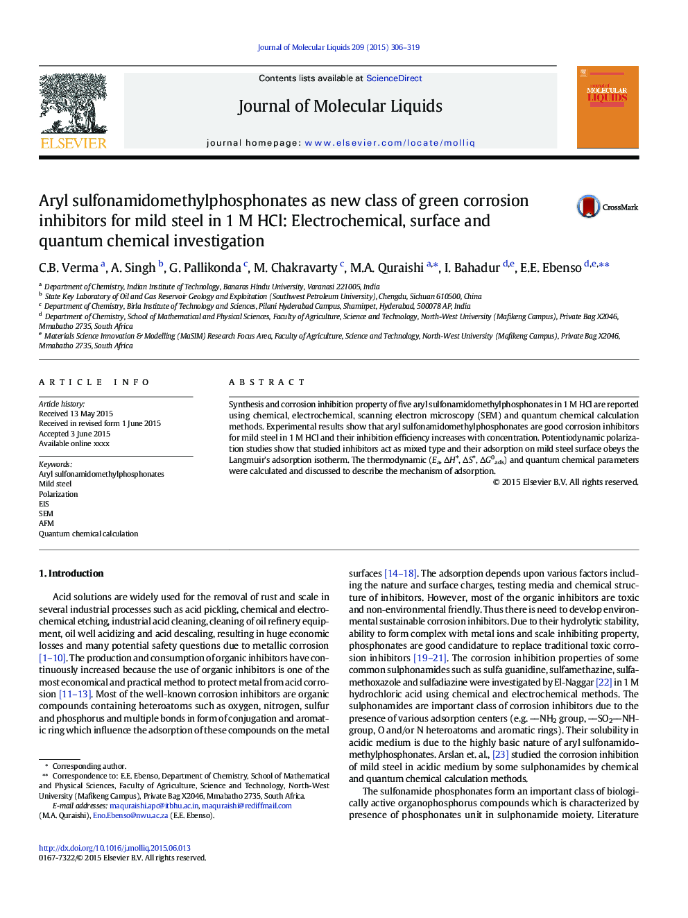 عکس صفحه اول مقاله: Aryl sulfonamidomethylphosphonates as new class of green corrosion inhibitors for mild steel in 1Â M HCl: Electrochemical, surface and quantum chemical investigation Aryl sulfonamidomethylphosphonates as new class of green corrosion inhibitors for mild steel in 1Â M HCl: Electrochemical, surface and quantum chemical investigation