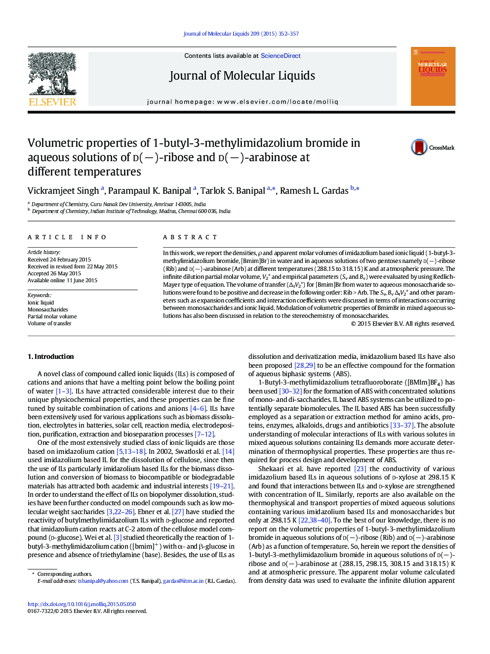 Volumetric properties of 1-butyl-3-methylimidazolium bromide in aqueous solutions of d(â)-ribose and d(â)-arabinose at different temperatures