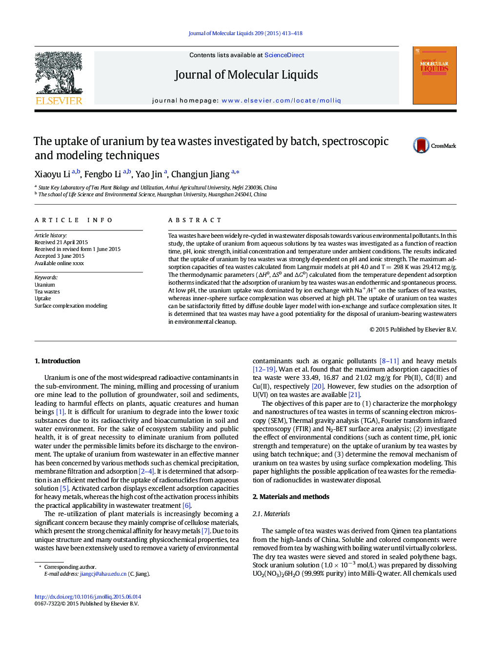 The uptake of uranium by tea wastes investigated by batch, spectroscopic and modeling techniques