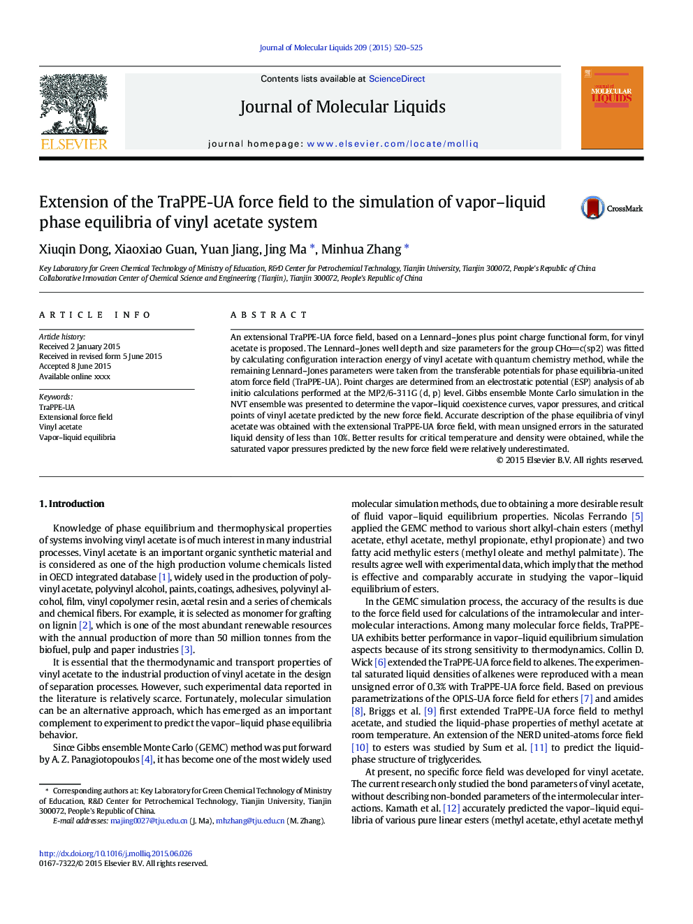 Extension of the TraPPE-UA force field to the simulation of vapor-liquid phase equilibria of vinyl acetate system