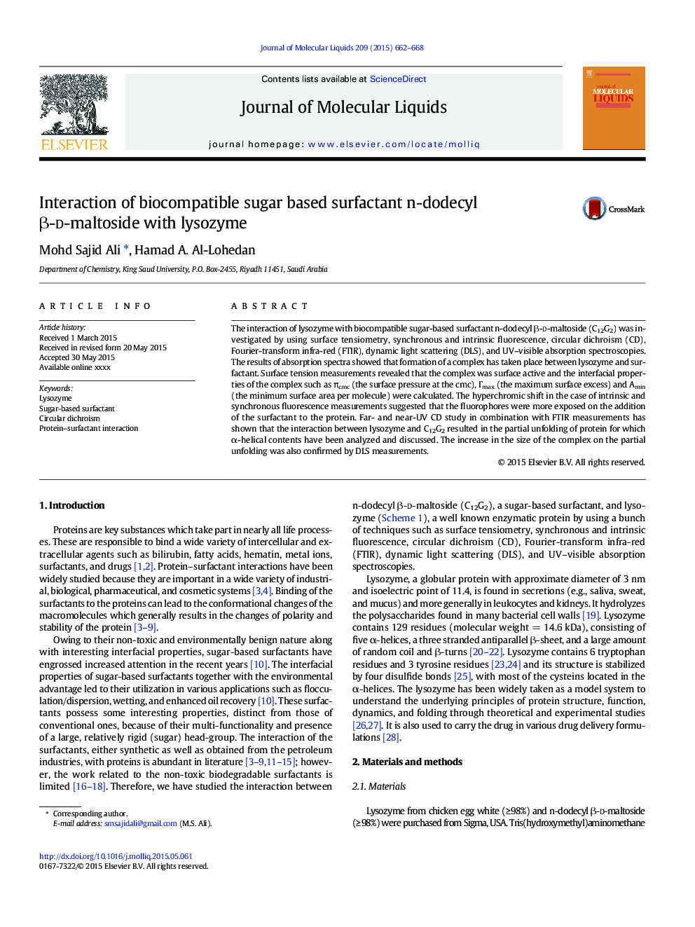 Interaction of biocompatible sugar based surfactant n-dodecyl Î²-d-maltoside with lysozyme