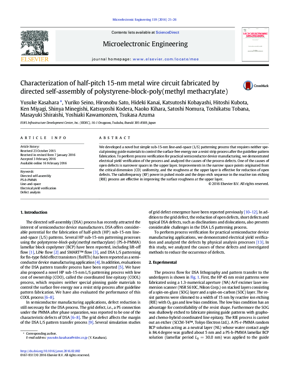 Characterization of half-pitch 15-nm metal wire circuit fabricated by directed self-assembly of polystyrene-block-poly(methyl methacrylate)