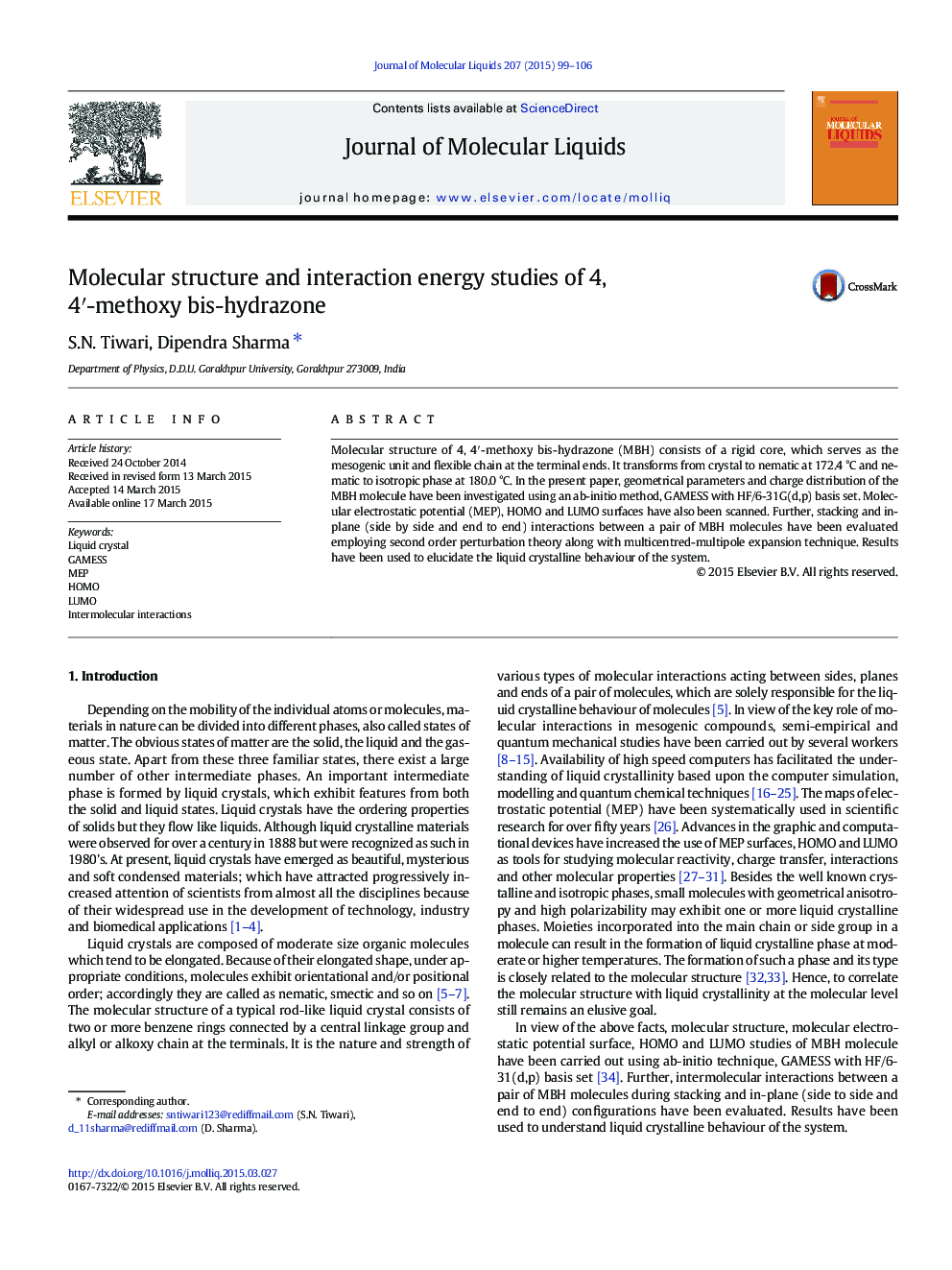 Molecular structure and interaction energy studies of 4, 4â²-methoxy bis-hydrazone
