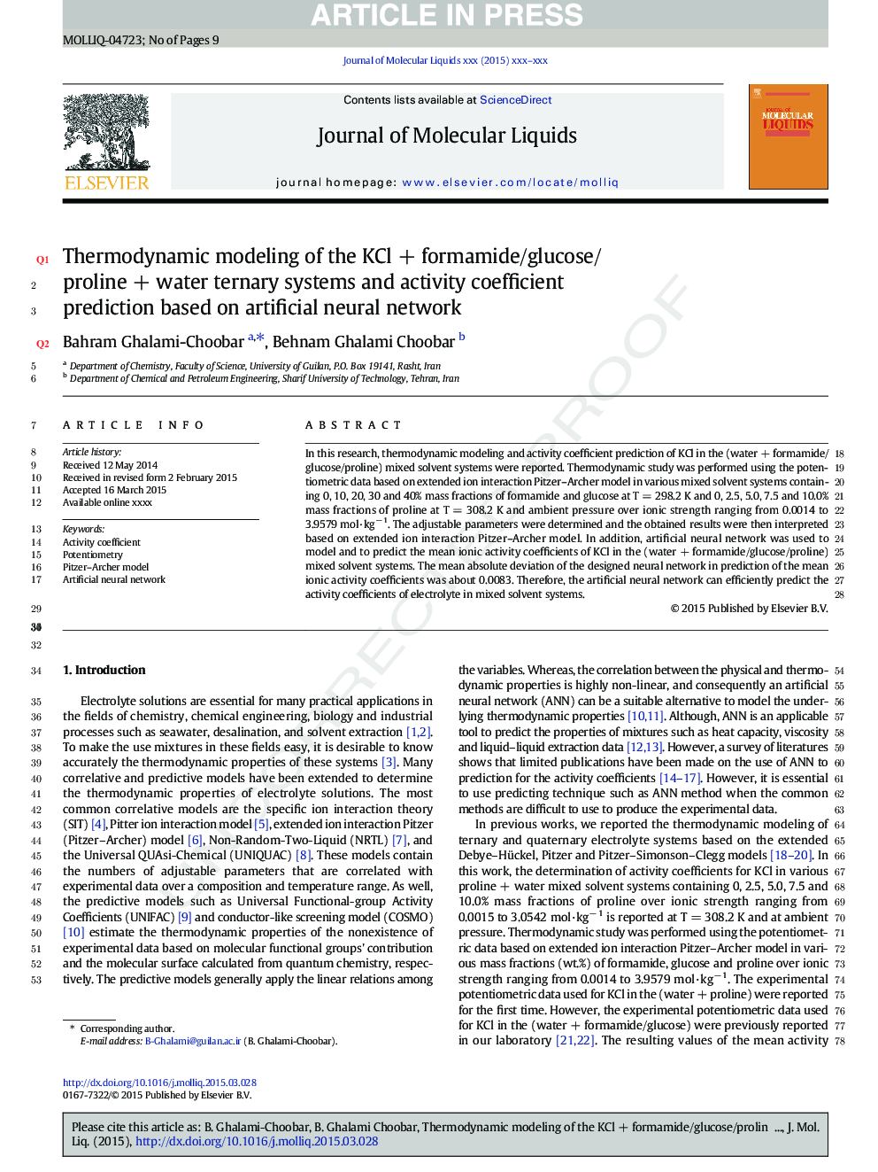 Thermodynamic modeling of the KClÂ +Â formamide/glucose/prolineÂ +Â water ternary systems and activity coefficient prediction based on artificial neural network
