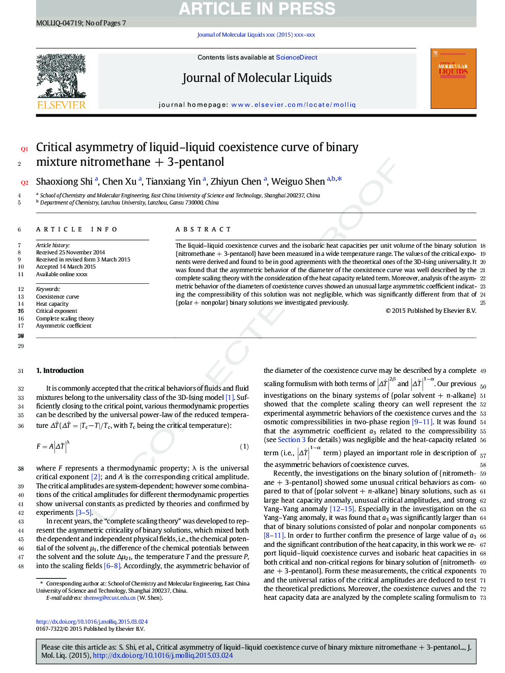 عکس صفحه اول مقاله: Critical asymmetry of liquid-liquid coexistence curve of binary mixture nitromethane + 3-pentanol Critical asymmetry of liquid-liquid coexistence curve of binary mixture nitromethane + 3-pentanol