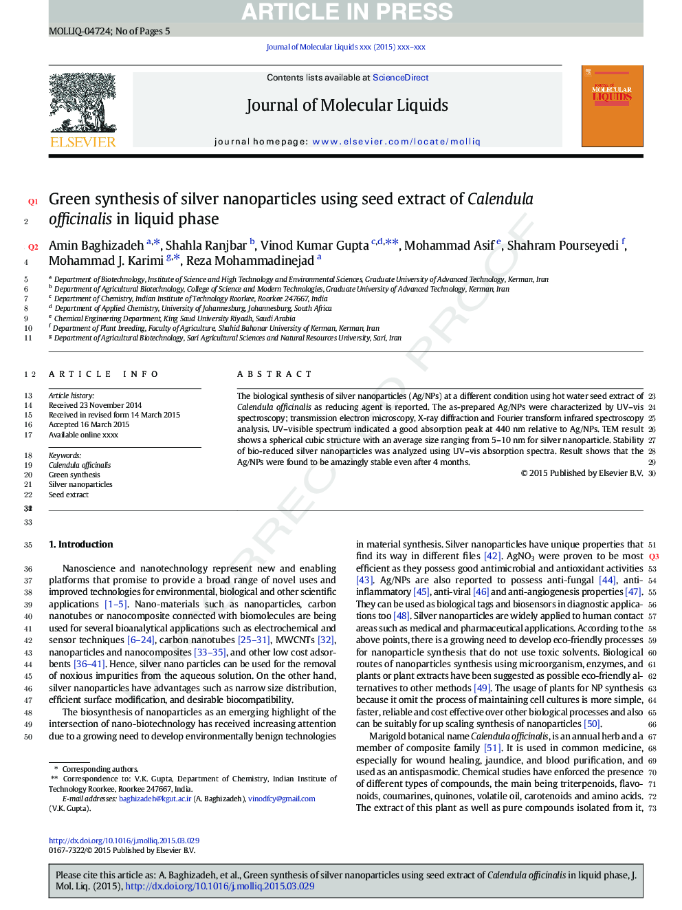 Green synthesis of silver nanoparticles using seed extract of Calendula officinalis in liquid phase