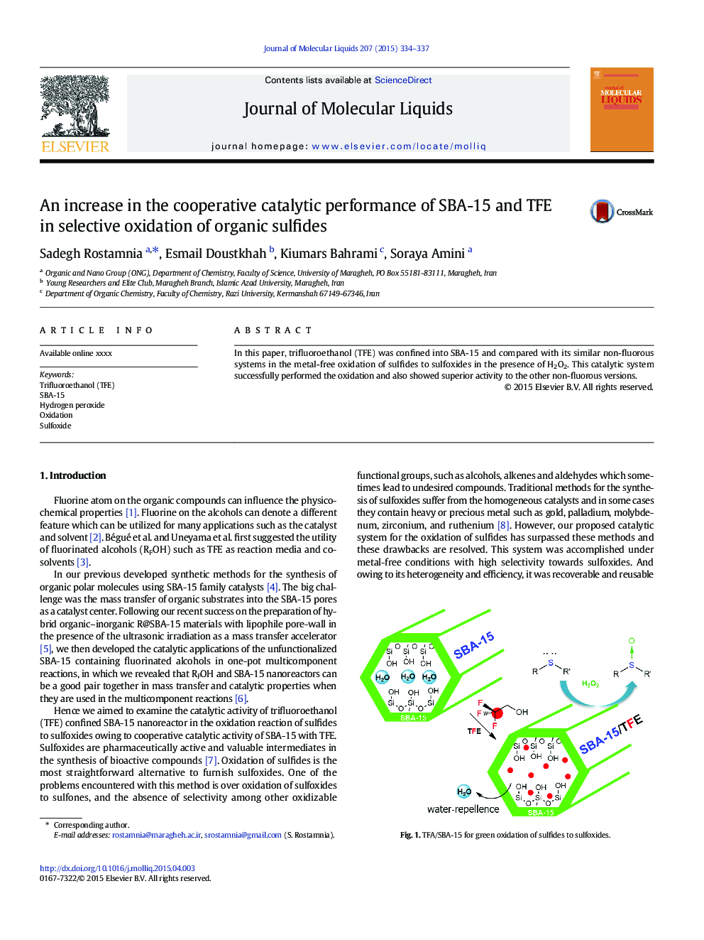 An increase in the cooperative catalytic performance of SBA-15 and TFE in selective oxidation of organic sulfides