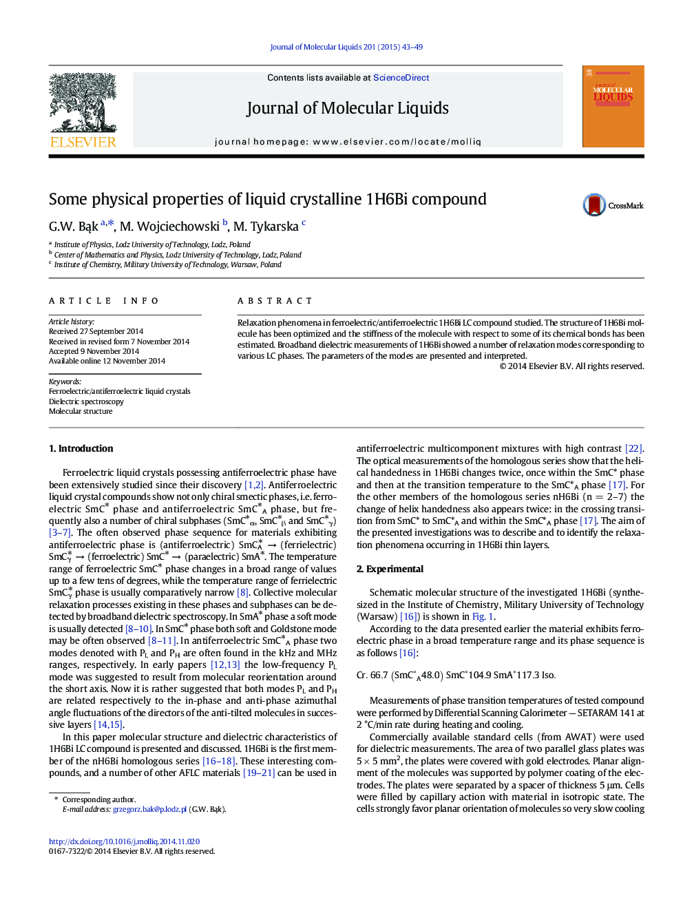 عکس صفحه اول مقاله: Some physical properties of liquid crystalline 1H6Bi compound Some physical properties of liquid crystalline 1H6Bi compound