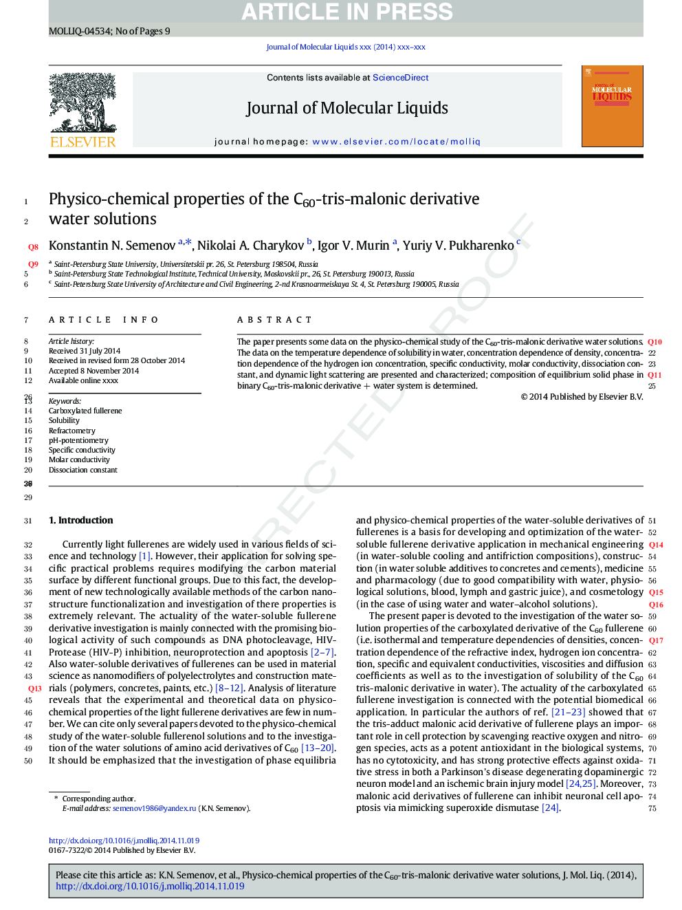 Physico-chemical properties of the C60-tris-malonic derivative water solutions