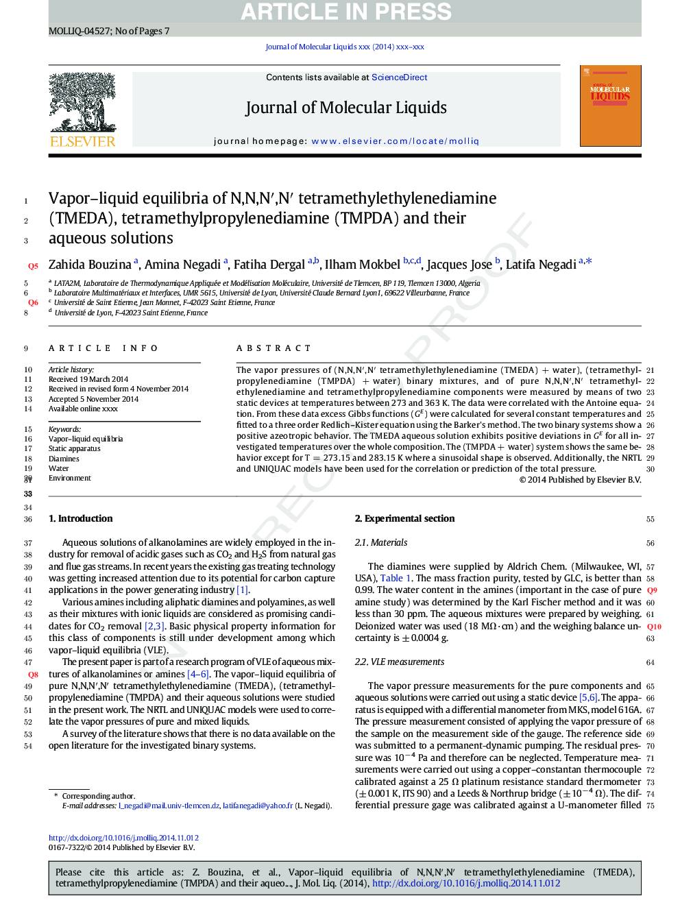 Vapor-liquid equilibria of N,N,Nâ²,Nâ² tetramethylethylenediamine (TMEDA), tetramethylpropylenediamine (TMPDA) and their aqueous solutions