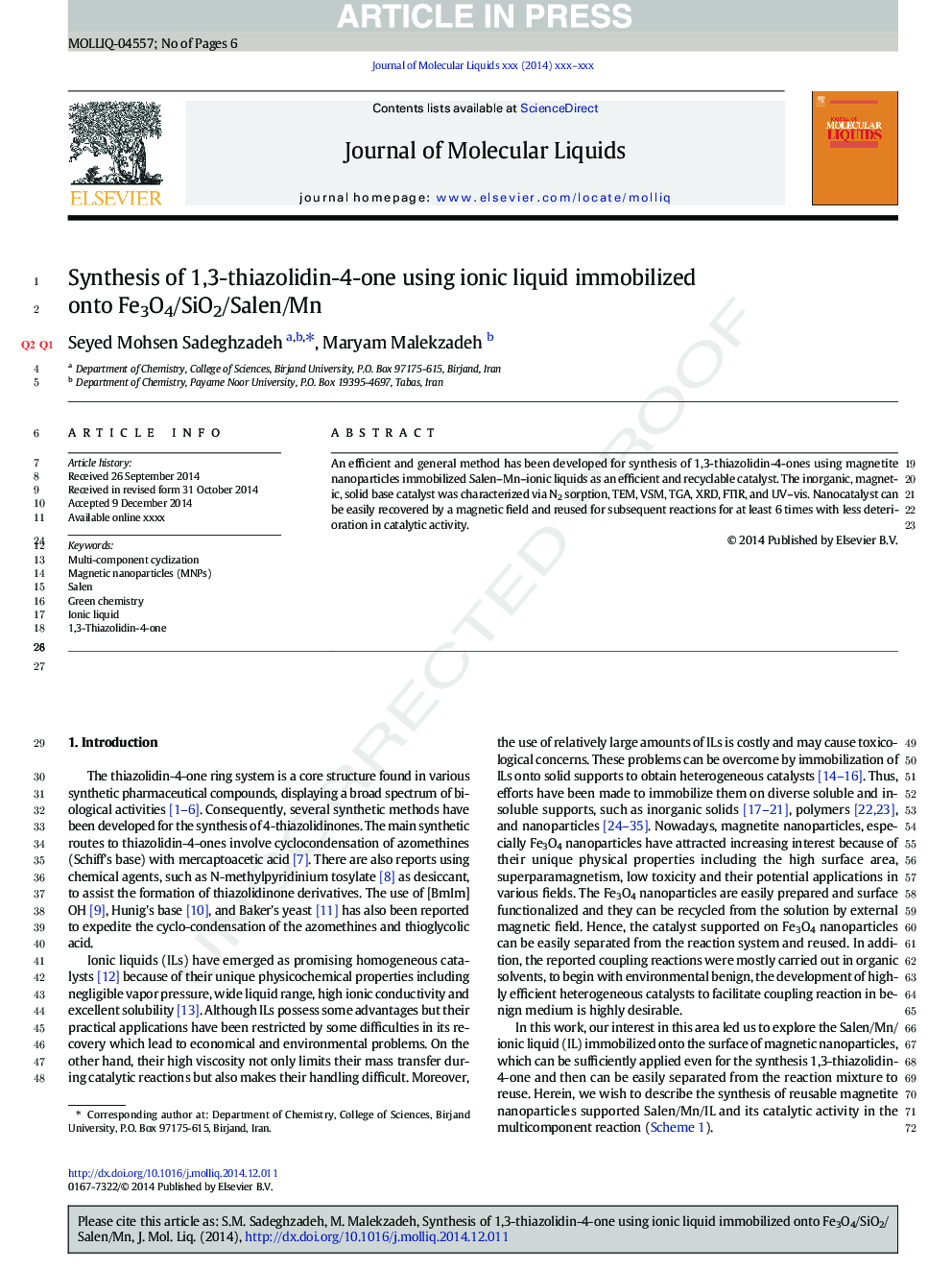 Synthesis of 1,3-thiazolidin-4-one using ionic liquid immobilized onto Fe3O4/SiO2/Salen/Mn