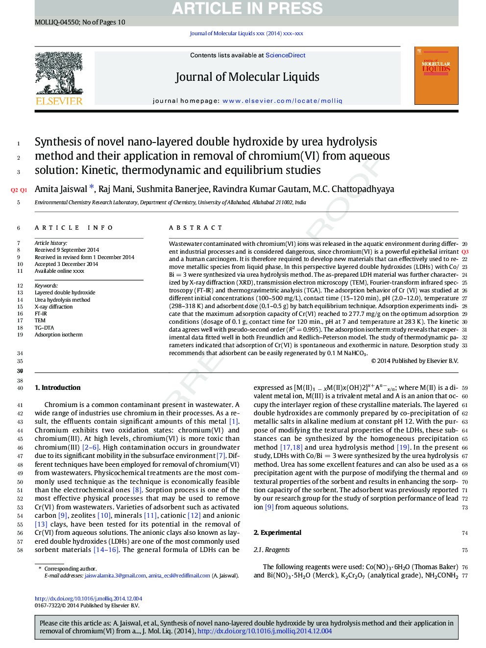 Synthesis of novel nano-layered double hydroxide by urea hydrolysis method and their application in removal of chromium(VI) from aqueous solution: Kinetic, thermodynamic and equilibrium studies