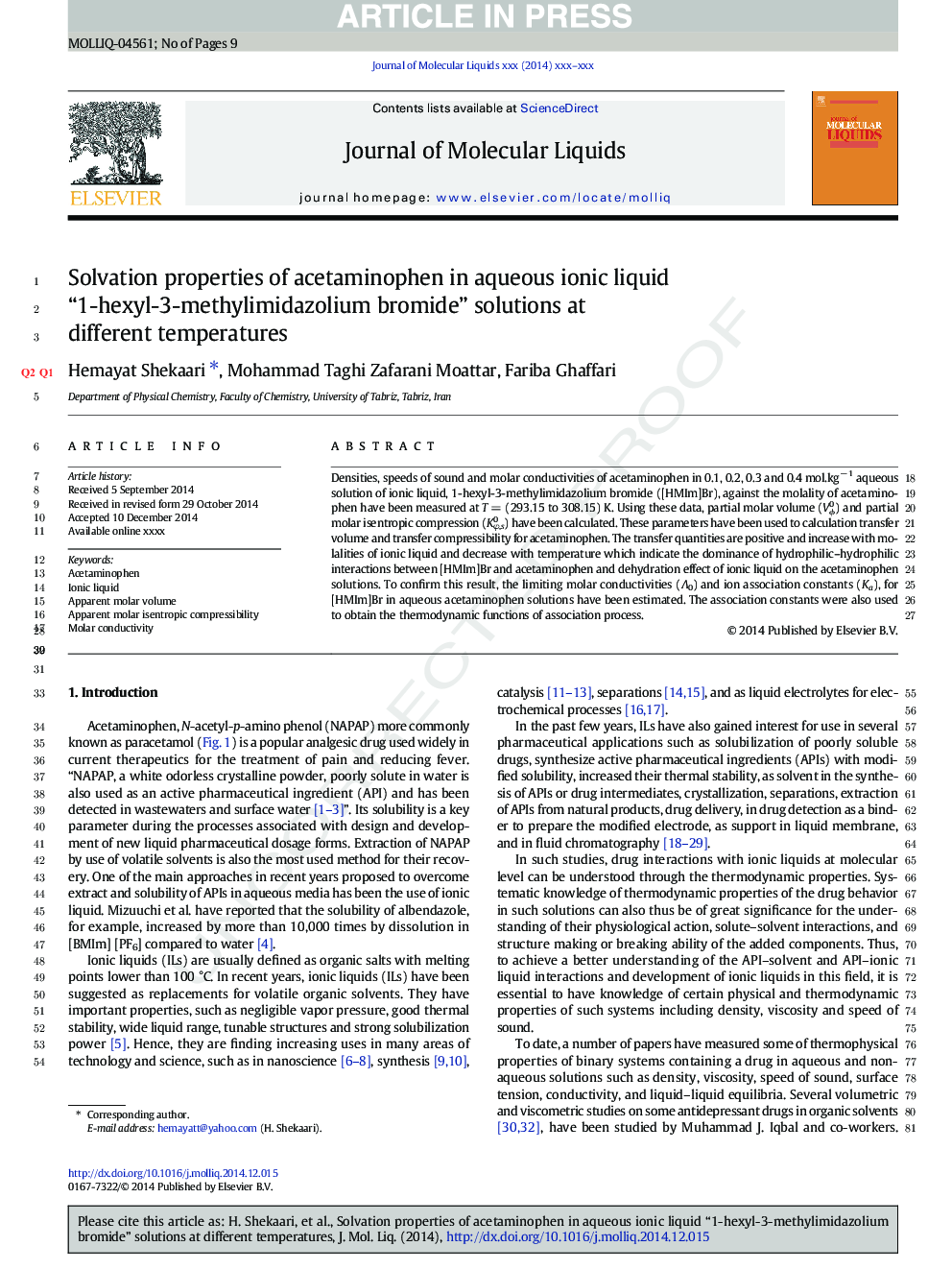 Solvation properties of acetaminophen in aqueous ionic liquid, 1-hexyl-3-methylimidazolium bromide, solutions at different temperatures