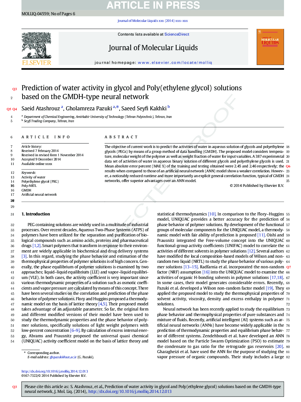 A GMDH-type neural network for prediction of water activity in glycol and Poly(ethylene glycol) solutions