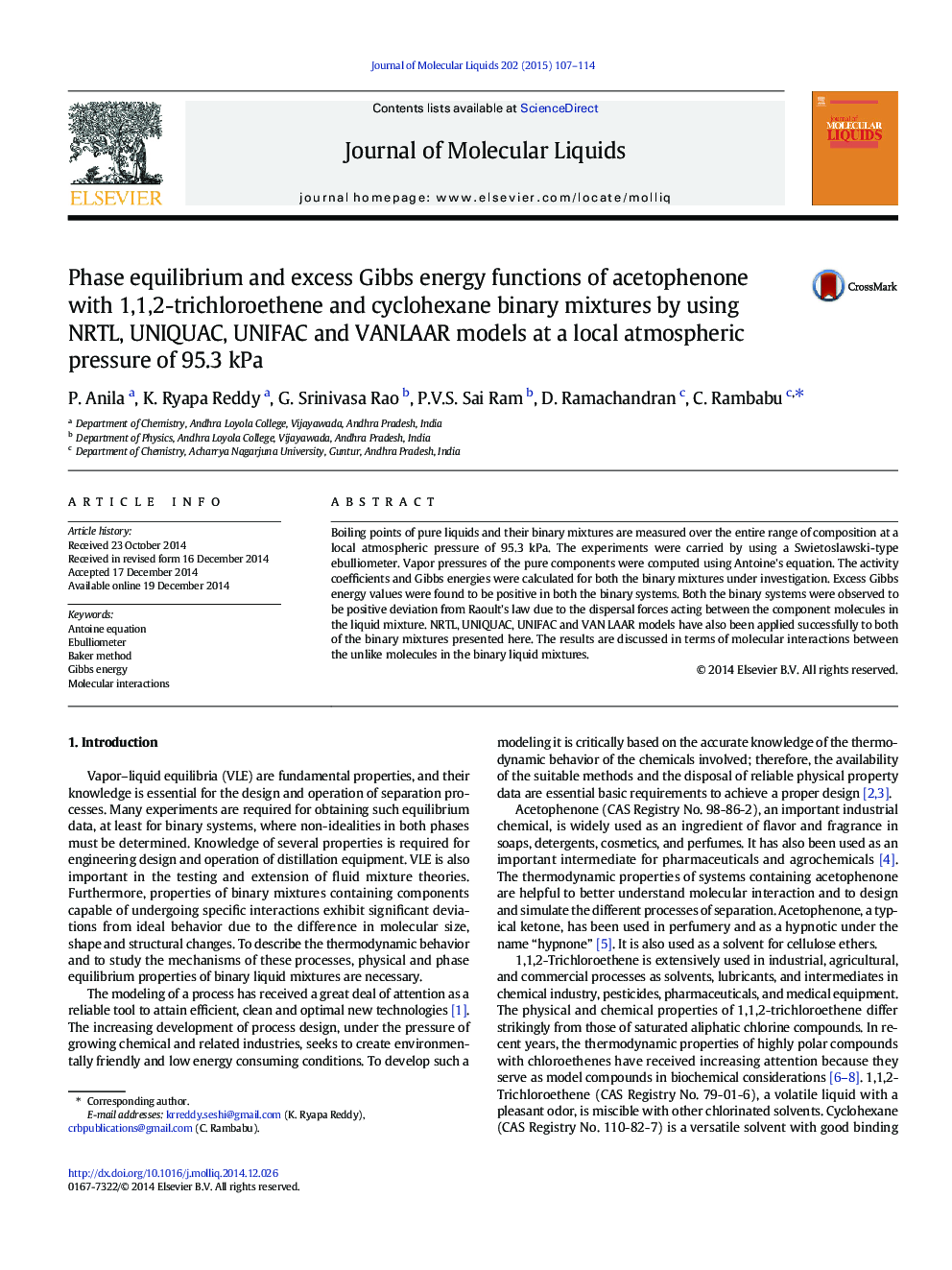 Phase equilibrium and excess Gibbs energy functions of acetophenone with 1,1,2-trichloroethene and cyclohexane binary mixtures by using NRTL, UNIQUAC, UNIFAC and VANLAAR models at a local atmospheric pressure of 95.3Â kPa