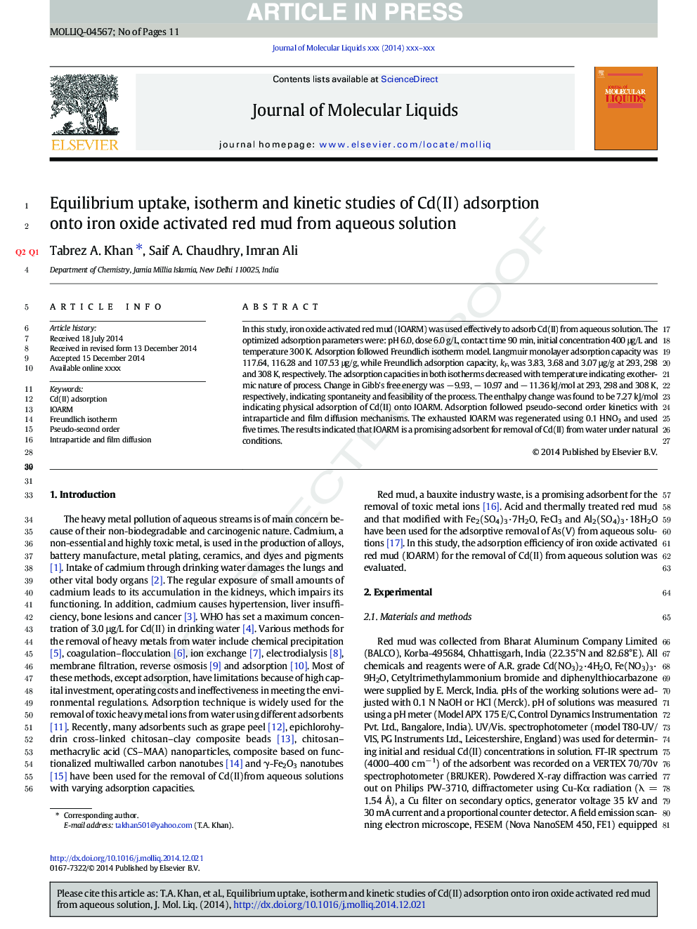 Equilibrium uptake, isotherm and kinetic studies of Cd(II) adsorption onto iron oxide activated red mud from aqueous solution