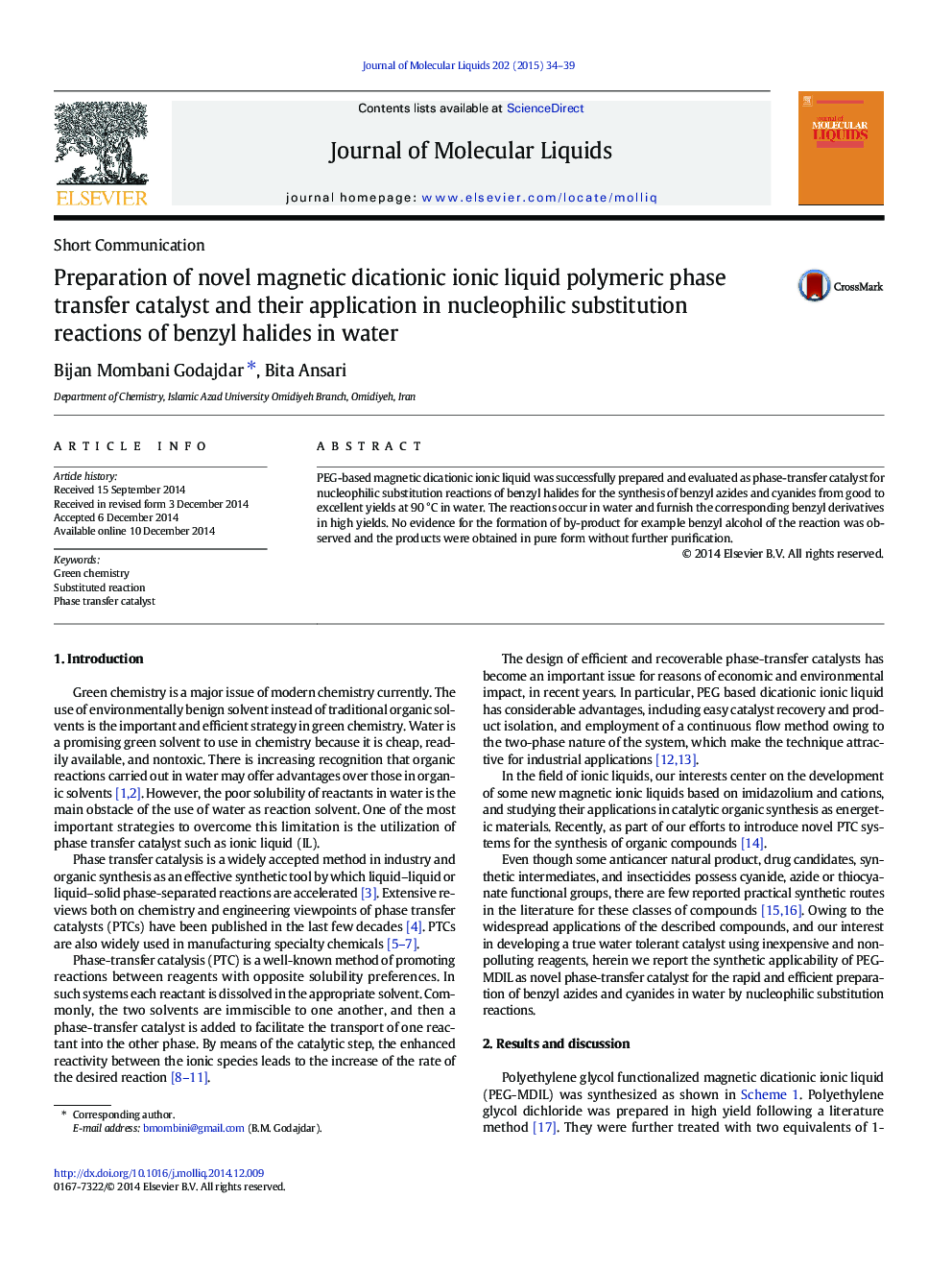 Preparation of novel magnetic dicationic ionic liquid polymeric phase transfer catalyst and their application in nucleophilic substitution reactions of benzyl halides in water