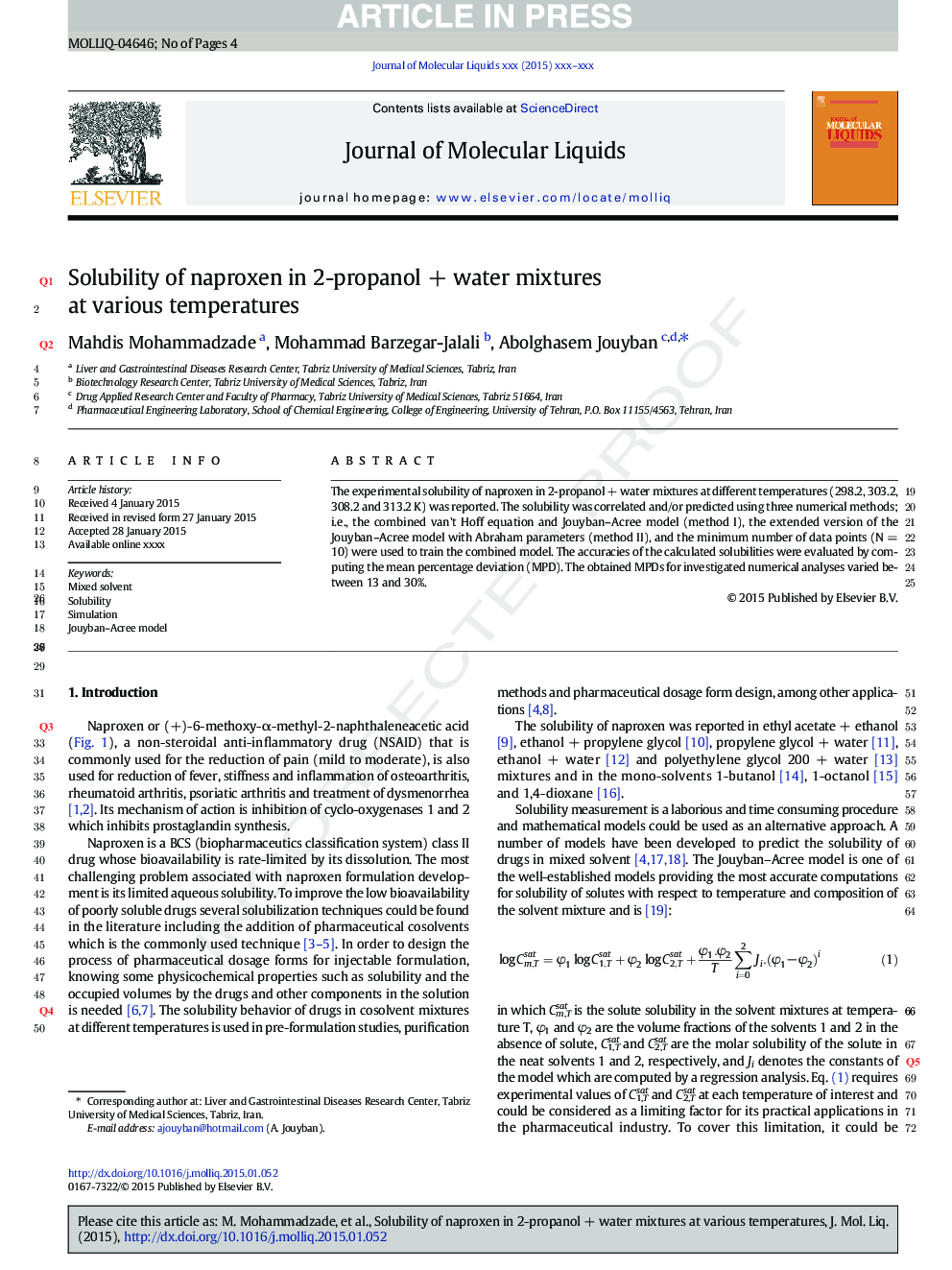 Solubility of naproxen in 2-propanolÂ +Â water mixtures at various temperatures