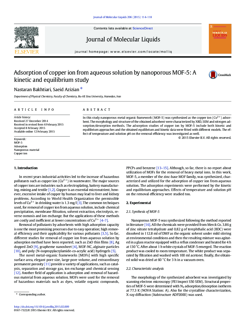 Adsorption of copper ion from aqueous solution by nanoporous MOF-5: A kinetic and equilibrium study