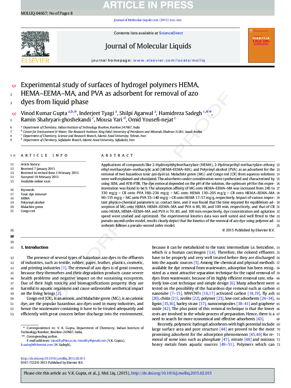 Experimental study of surfaces of hydrogel polymers HEMA, HEMA-EEMA-MA, and PVA as adsorbent for removal of azo dyes from liquid phase