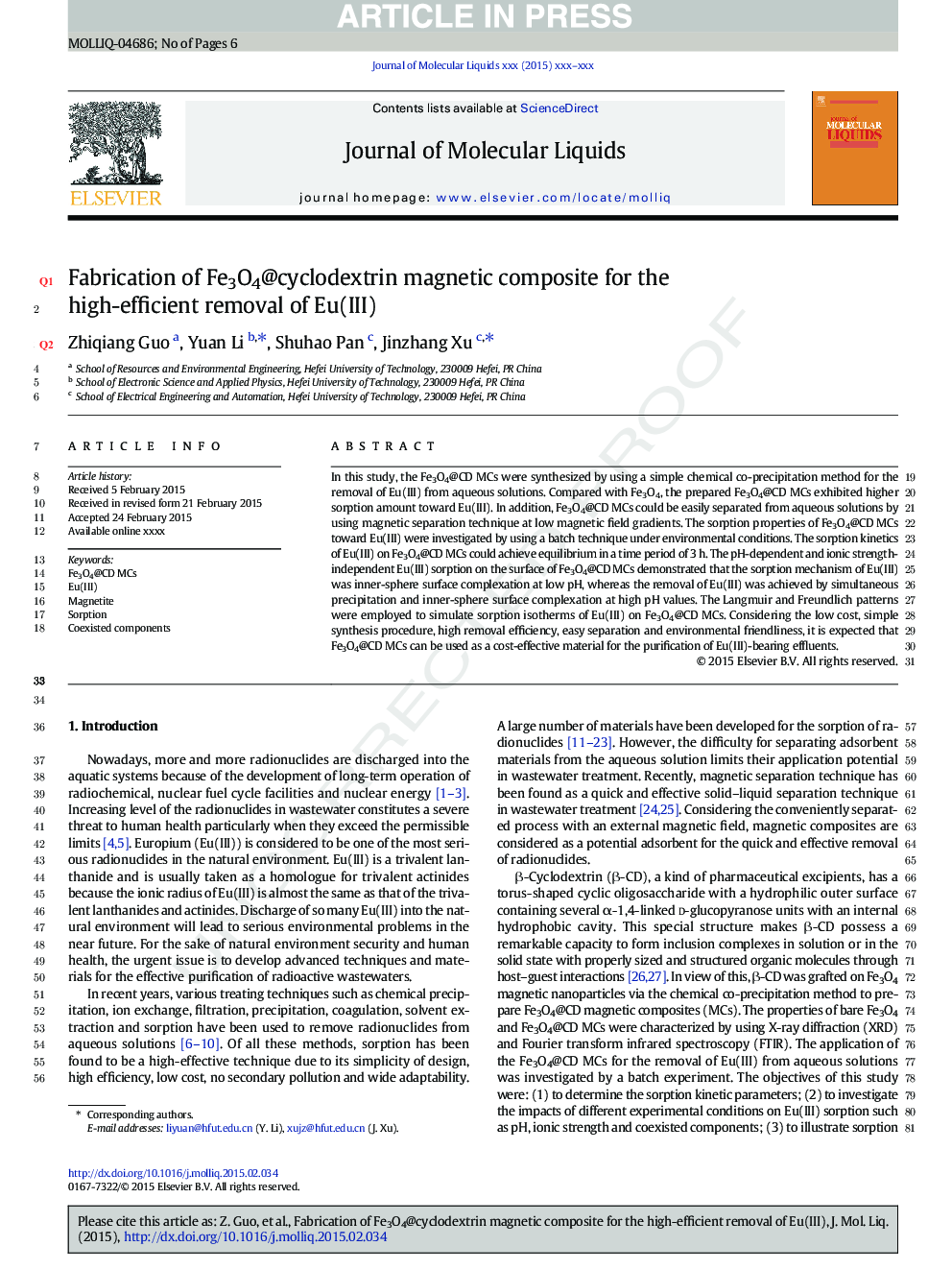 Fabrication of Fe3O4@cyclodextrin magnetic composite for the high-efficient removal of Eu(III)